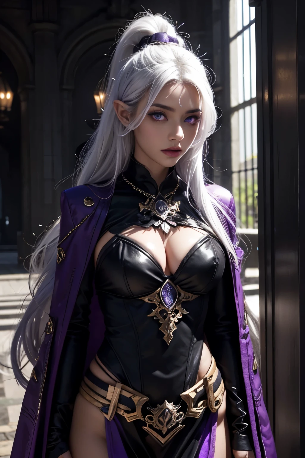 beautiful dark elf woman with black skin, white hair and purple eyes