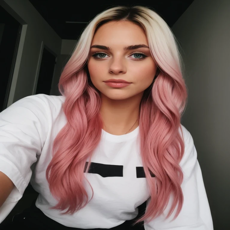 taken with the iphone camera BREAK medium selfie photo of a beautiful young woman BREAK (ombre:1.3) pink blonde BREAK film grain, average quality