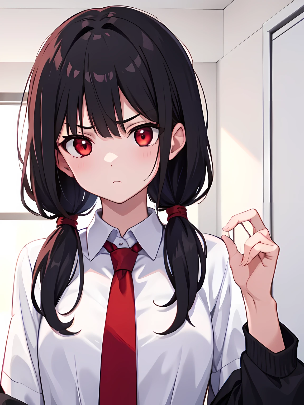 1 girl,One,upper body,I look at the viewer,facing the viewer,low ponytail,black hair,Red eyes,split bangs,red hairstyle,White shirt,Red tie,Hair pulled back,wicked