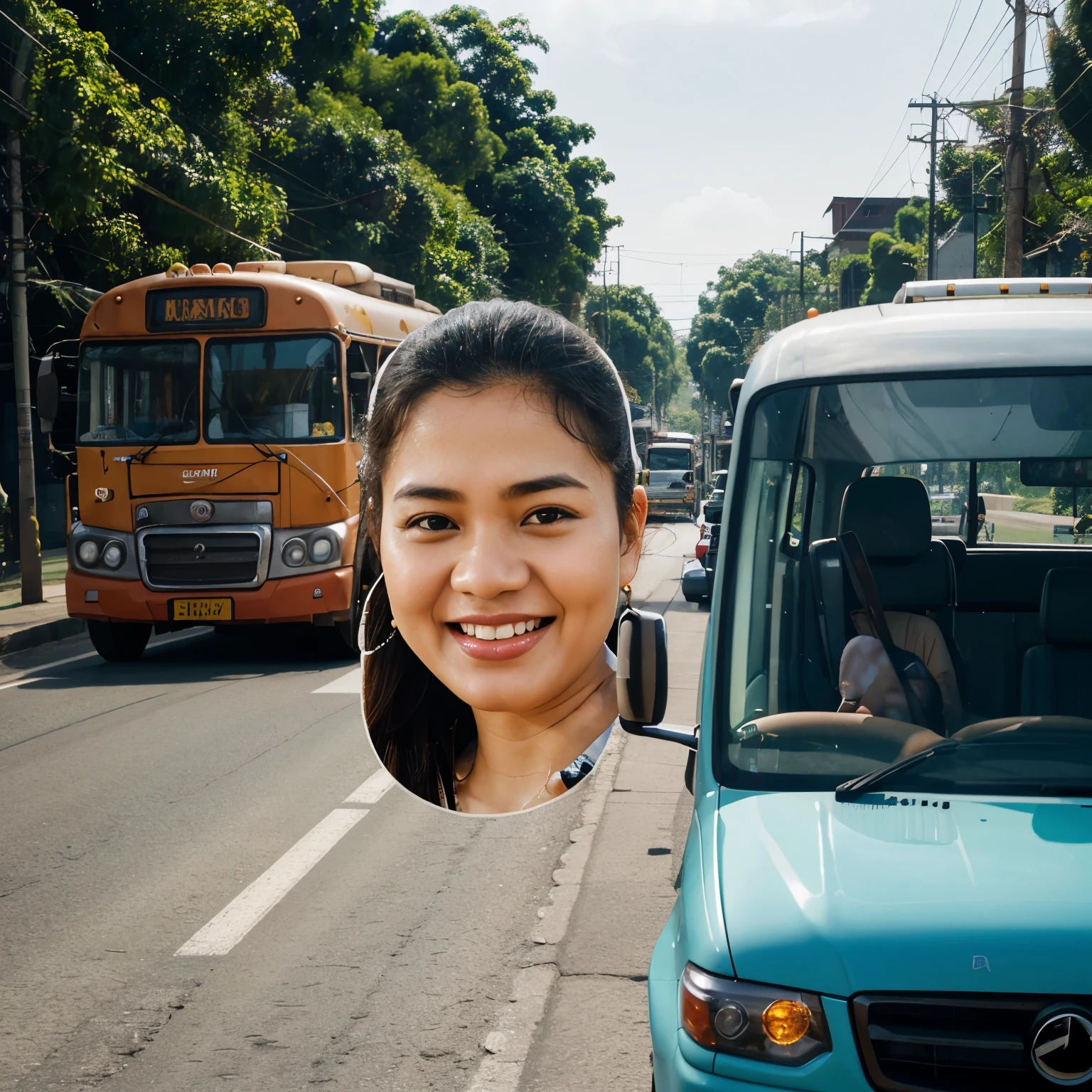 5D big head caricature image of a bus passing through the clean road. the heads of Indonesian men and women appear with cheerful faces through outside the window, there is a speech bubble with the words "OTW MUDIK", clear border line, 4K
