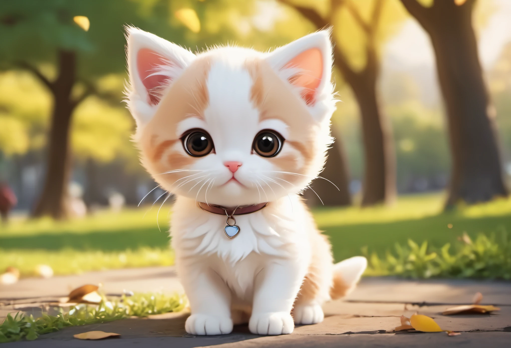 ((anime chibi style)), cute looking kitten with adorable eyes in the park, dynamic angle, depth of field