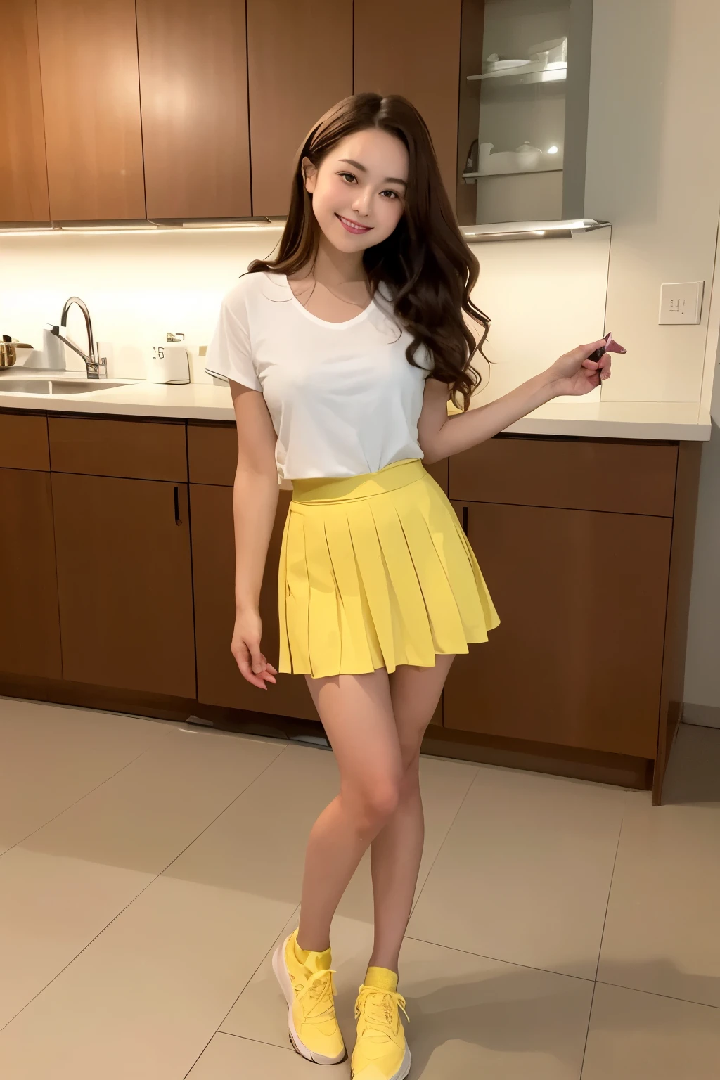 ((full body photo)) ((Best quality)), ((masterpiece)), (detailed), perfect face In the photograph you can see a young brunette with dark hair, smiling, with bulging brown eyes and beautiful red lips. girl with princess appearance. Long wavy red hair. She wears a , a short pleated skirt and a white collared T-shirt, short socks and blue shoes or sneakers. She is slim and has a beautiful figure, (((beautiful slim legs))). The photograph is taken in the kitchen, (((with yellow cinematic light at dusk))) the camera used is an X2D 100C with a 50mm Carl Zeiss Planar lens, photographing at f1.8