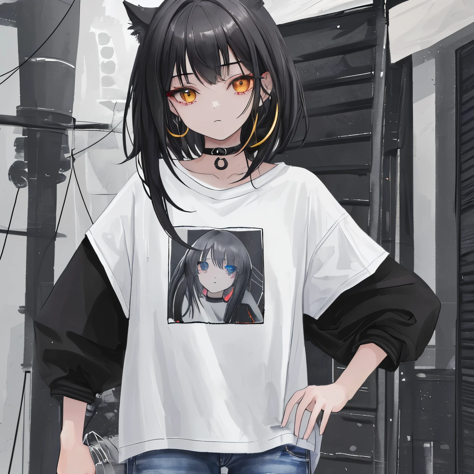 18 year old girl, cabello muy corto ????? sostenido por una vincha gris, tez blanca y ojos rasgados color dorado. Su ropa consiste en una remera ancha mangas cortas negra con una linea que lo atraviesa en horizontal, unos jeans negros, dark gray wristbands and a hoop hoop on the right ear.