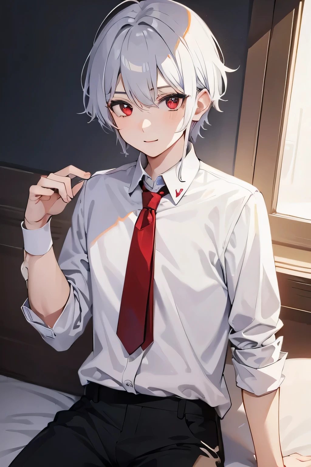 1 boy, silver hair, Red eyes, smiling cute face, wear a white button-up shirt, I&#39;m sitting in class, there are a lot of koi fish in the background,  black trousers, white knee socks, A high resolution, 8 k, I look at the viewer