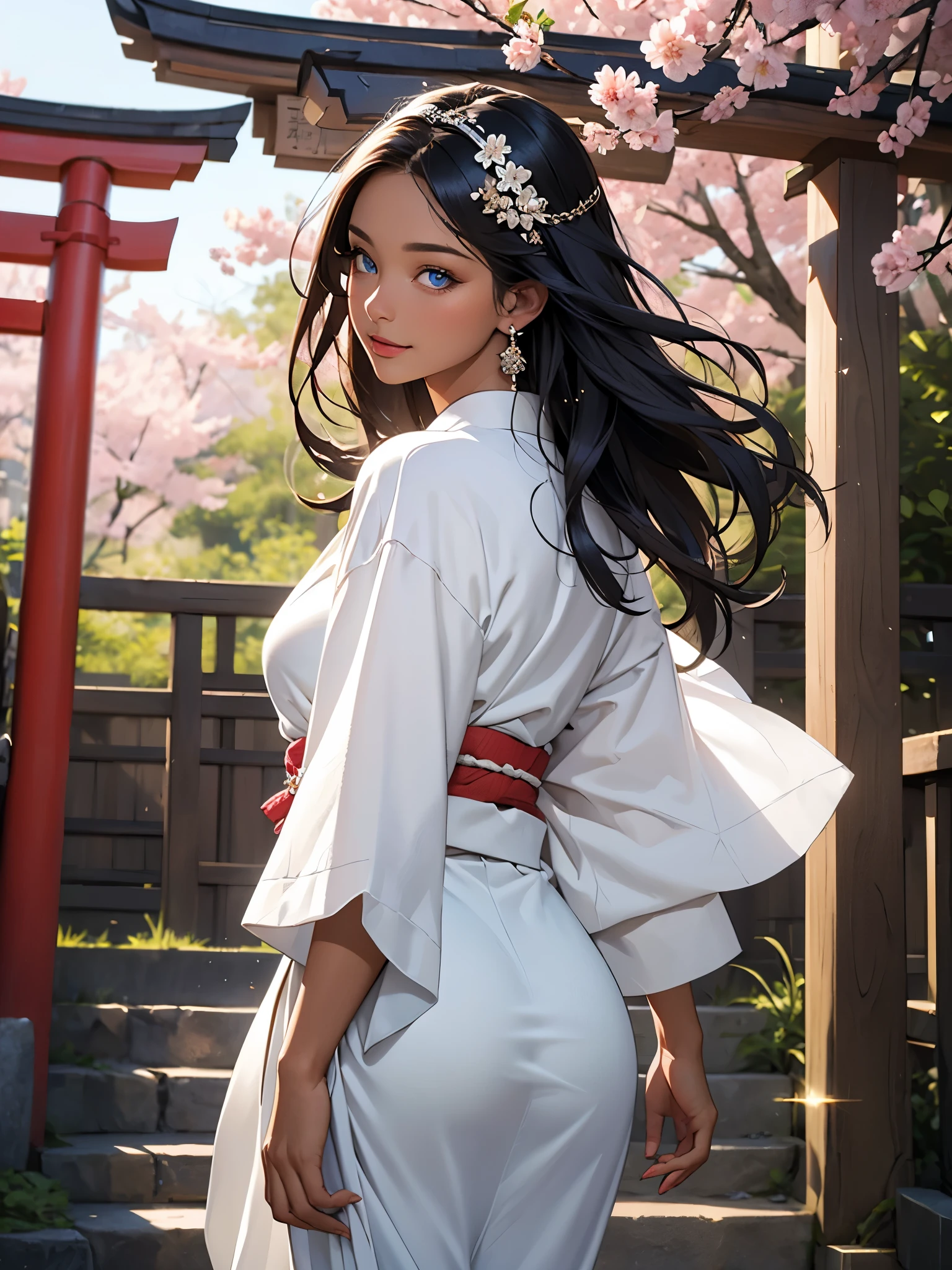 (masterpiece:1.3), high resolution, ultra detailed, best quality, 8k, extremely detailed CG unity 8k wallpaper, realistic, photo-realistic, RAW photo, beautiful detailed face, beautiful detailed eyes, realistic glistening skin, detailed cloth texture, detailed hair texture, Perfect body, accurate, Anatomically correct, Highly detailed face and skin texture, natural neck length, movie lighting, (beautiful hand), beautiful artwork, fine detail, detailed digital art, sunlight,
BREAK
30 year old, mature female, best girl, seductive cute girl, , attractive girl, beautiful girl, beautiful sexy woman, black Hair, long wavy hair, blue clear Eyes, ((Beautiful, detailed eyes, jewel-like eyes, sparkling eyes:1.3)), eyes in highlight, catch light eyes, specular highlight eyes, (dark skin:1.4), smile, 
BREAK
clothes((white kimono)), white obi, bridal hair accessory, cherry blossom, japanese style Shinto shrine, from behind:1.1, looking back, floating hair, arms behind back