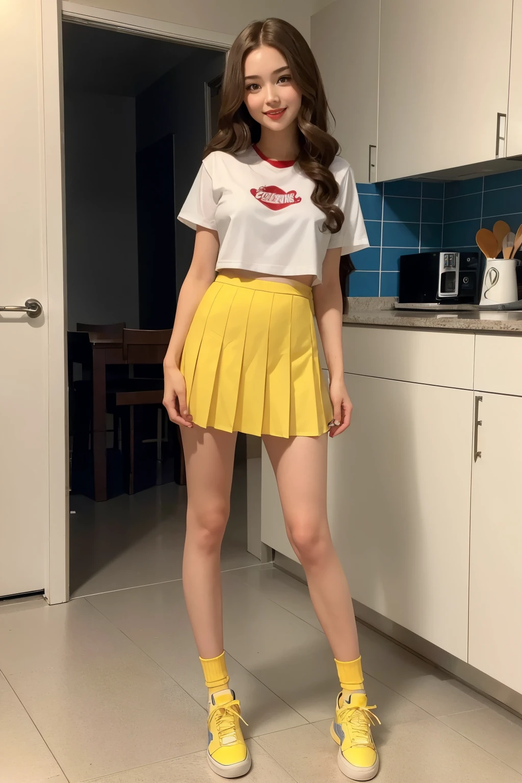 ((full body photo))  ((Best quality)), ((masterpiece)), (detailed), perfect face In the photograph you can see a young brunette with dark hair, smiling, with bulging brown eyes and beautiful red lips. girl with princess appearance. Long wavy red hair. She wears a , a short pleated skirt and a white collared T-shirt, short socks and blue shoes or sneakers. She is slim and has a beautiful figure, (((beautiful slim legs))). The photograph is taken in the kitchen, (((with yellow cinematic light at dusk))) the camera used is an X2D 100C with a 50mm Carl Zeiss Planar lens, photographing at f1.8