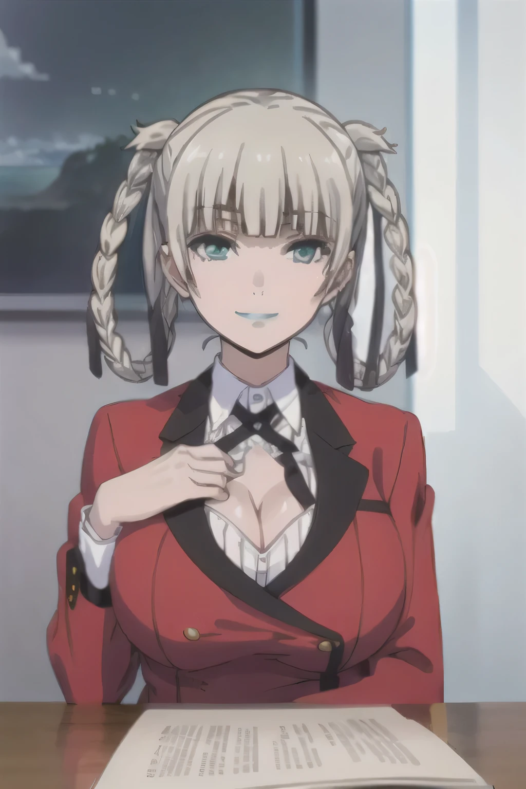 (((pixel-perfect, detail-perfect))), solo, 1girl, kirari momobami, blazer, upper body, looking at viewer, smile, large breasts, huge breasts, big breasts, cleavage showing
