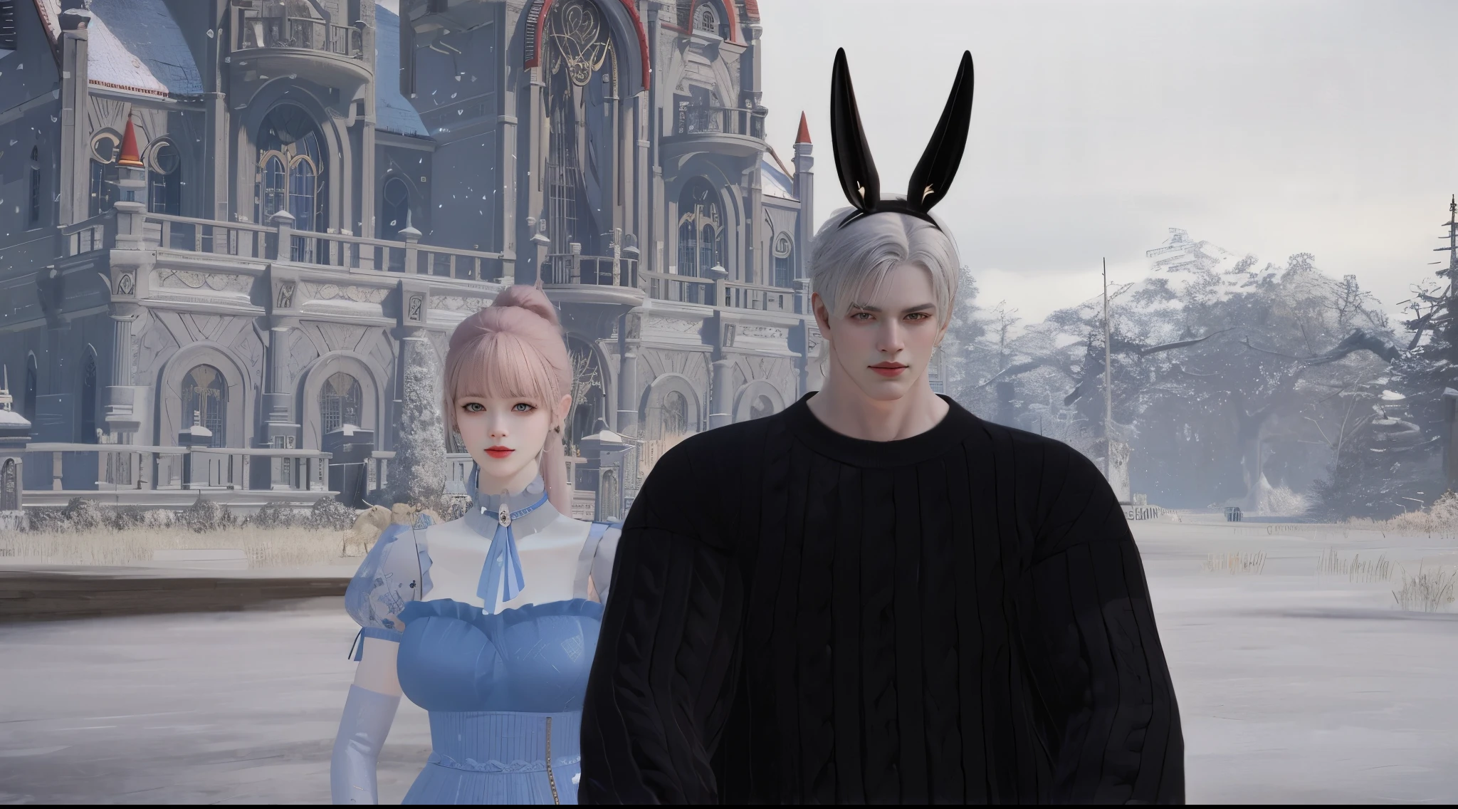 il y a un homme et une femme debout devant un château, avec de grandes oreilles de lapin, wear cybernetic bunny ears, avec des oreilles de lapin, nixeu et sakimichan, Sakimichan et Frank Franzzeta, de ncsoft, kda and sam that, avec des oreilles de lapin, style final fantasy 14, ( Castle in the background )