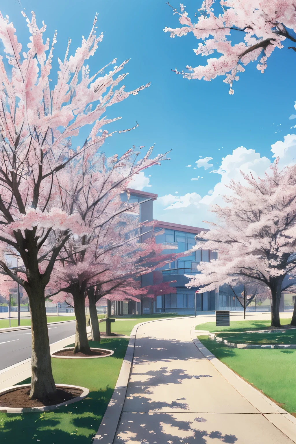 create a UHD image of a landscape of a modern high school in spring season but it should be from makoto Shinkai movie , landscape should have sakura trees in japan,