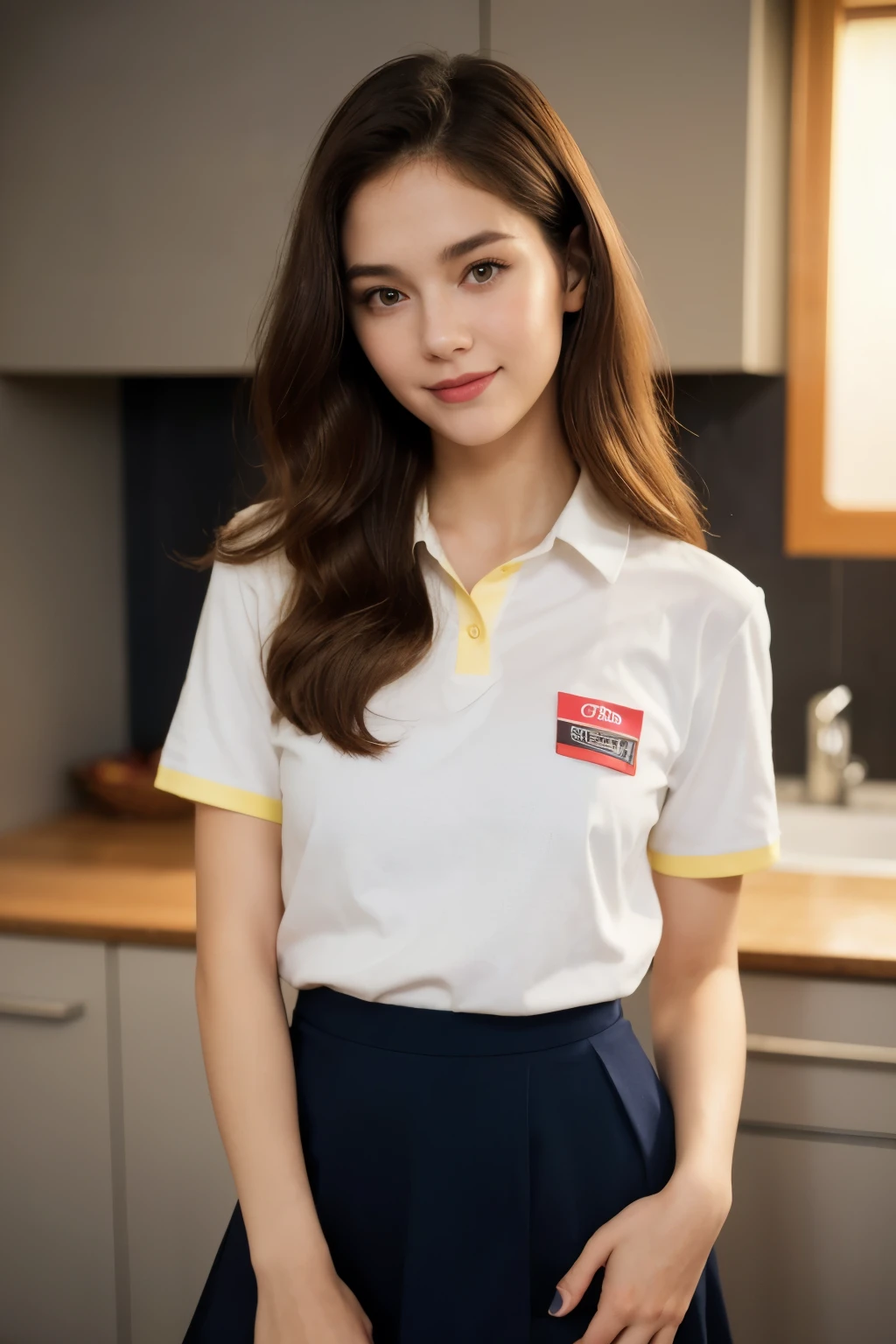((full body photo)) ((Best quality)), ((masterpiece)), (detailed), perfect face In the photograph you can see a young brunette with dark hair, smiling, with bulging brown eyes and beautiful red lips. girl with princess appearance. Long wavy red hair. She wears a , a short pleated skirt and a white collared T-shirt, short socks and blue shoes or sneakers. She is slim and has a beautiful figure, (((beautiful slim legs))). The photograph is taken in the kitchen, (((with yellow cinematic light at dusk))) the camera used is an X2D 100C with a 50mm Carl Zeiss Planar lens, photographing at f1.8