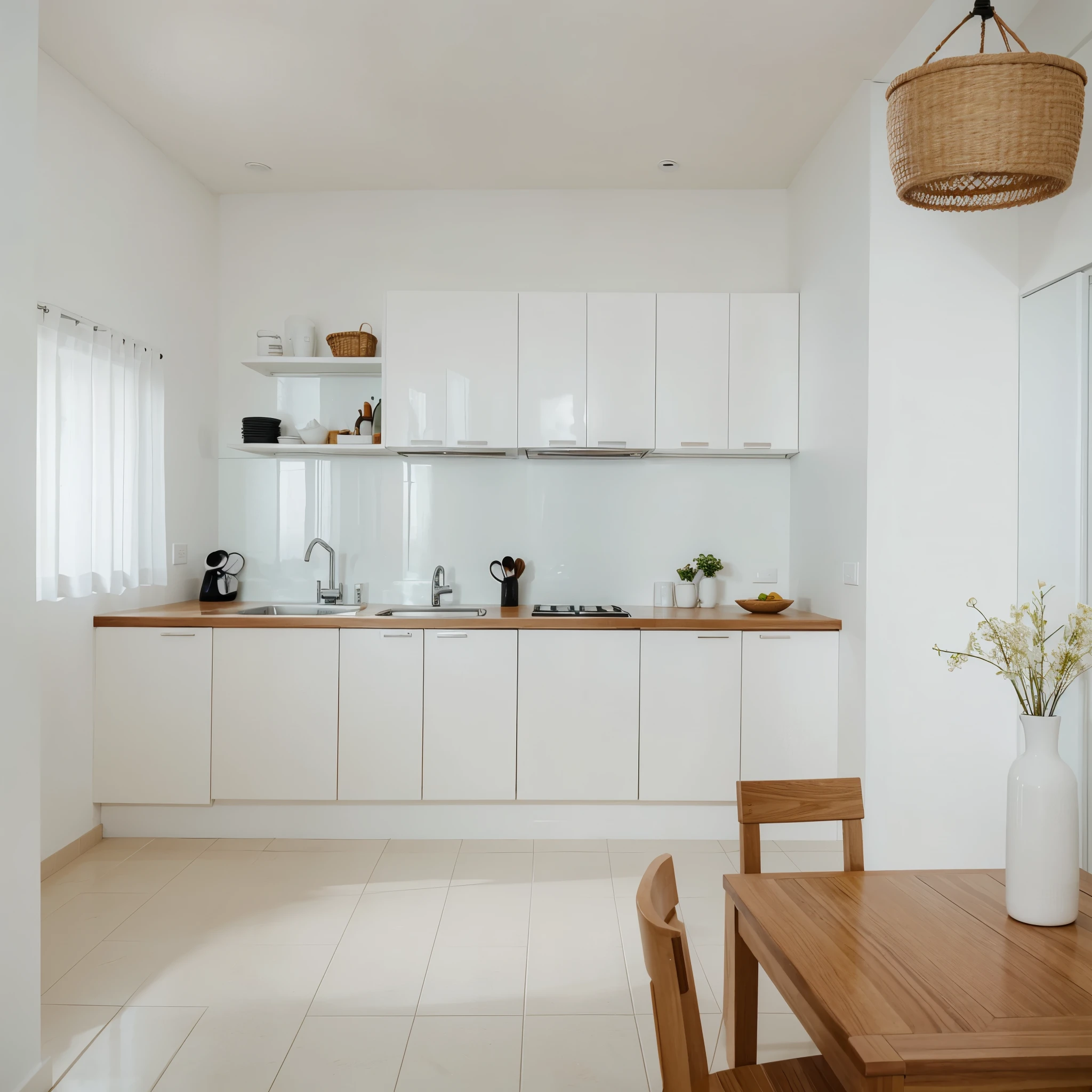 Cozinha minimalista com ilha branco e madeira e banquinhos 3x3