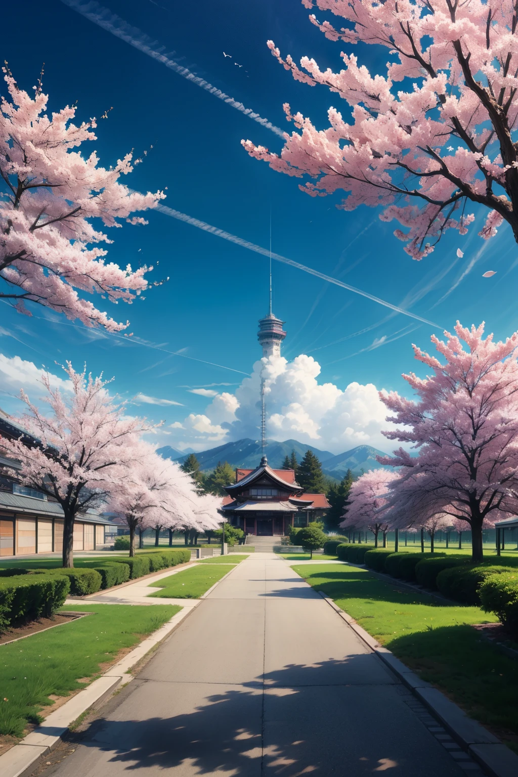 create a UHD image of a landscape of a modern high school in spring season but it should be from makoto Shinkai movie , landscape should have sakura trees in japan,