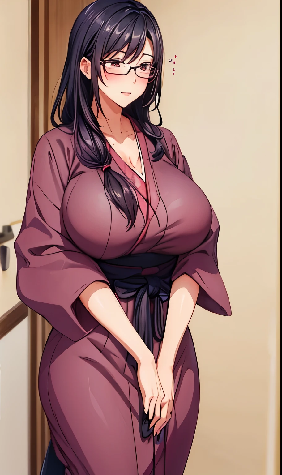 1 milf, long black hair, very big breasts, wearing glasses, blushing, wearing a kimono, saliva