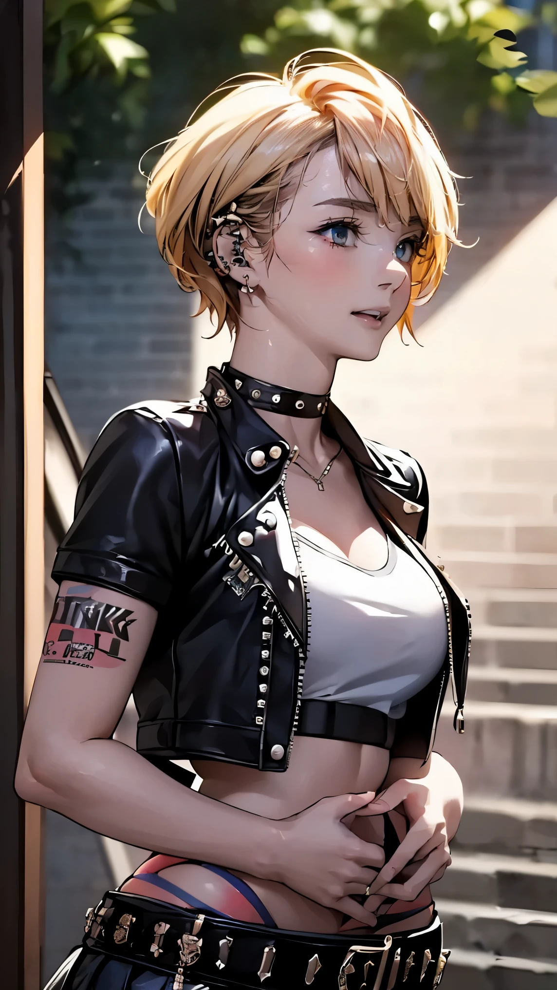 (masterpiece:1.2, highest quality), (realistic, photorealistic:1.4), beautiful illustrations, (natural side lighting, movie lighting), looking at the viewer, Upper body, (Front view), 1 girl, perfect face, Cute symmetrical face, shiny skin, baby , long eyelashes, (big breasts:0.3), (wide hips),beautiful hair, beautiful face, thin and beautiful eyes, beautiful body, beautiful breasts, beautiful thighs, beautiful feet, beautiful fingers,(beautiful scenery),(cute smile:1.2, Upper gradautiful girl,alice liddell, alice in wonderland, blonde hair, hair band ribbon:1.3, (Punk rock style: 1.5), punk rock jacket, stud pin jacket, belt choker, stud pin bracelet, (flare skirt), sexy,