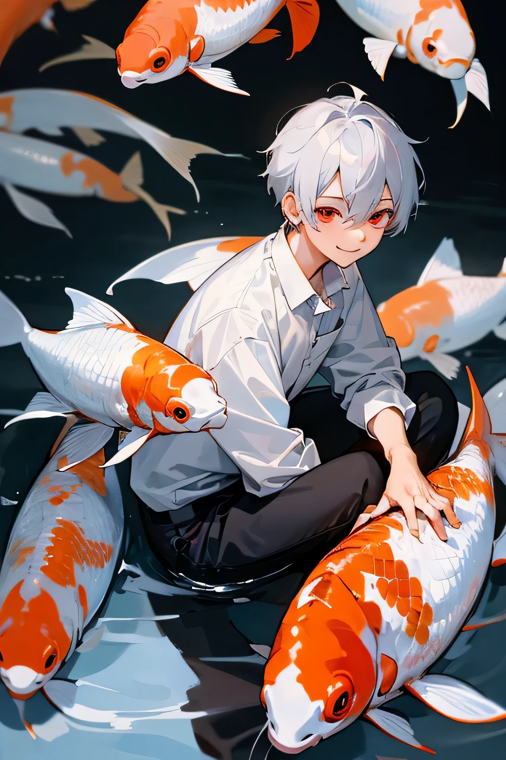 1 boy, silver hair, Red eyes, smiling cute face, wear a white button-up shirt, I'm sitting in class, there are a lot of koi fish in the background, black trousers, white knee socks, A high resolution, 8 k, I look at the viewer