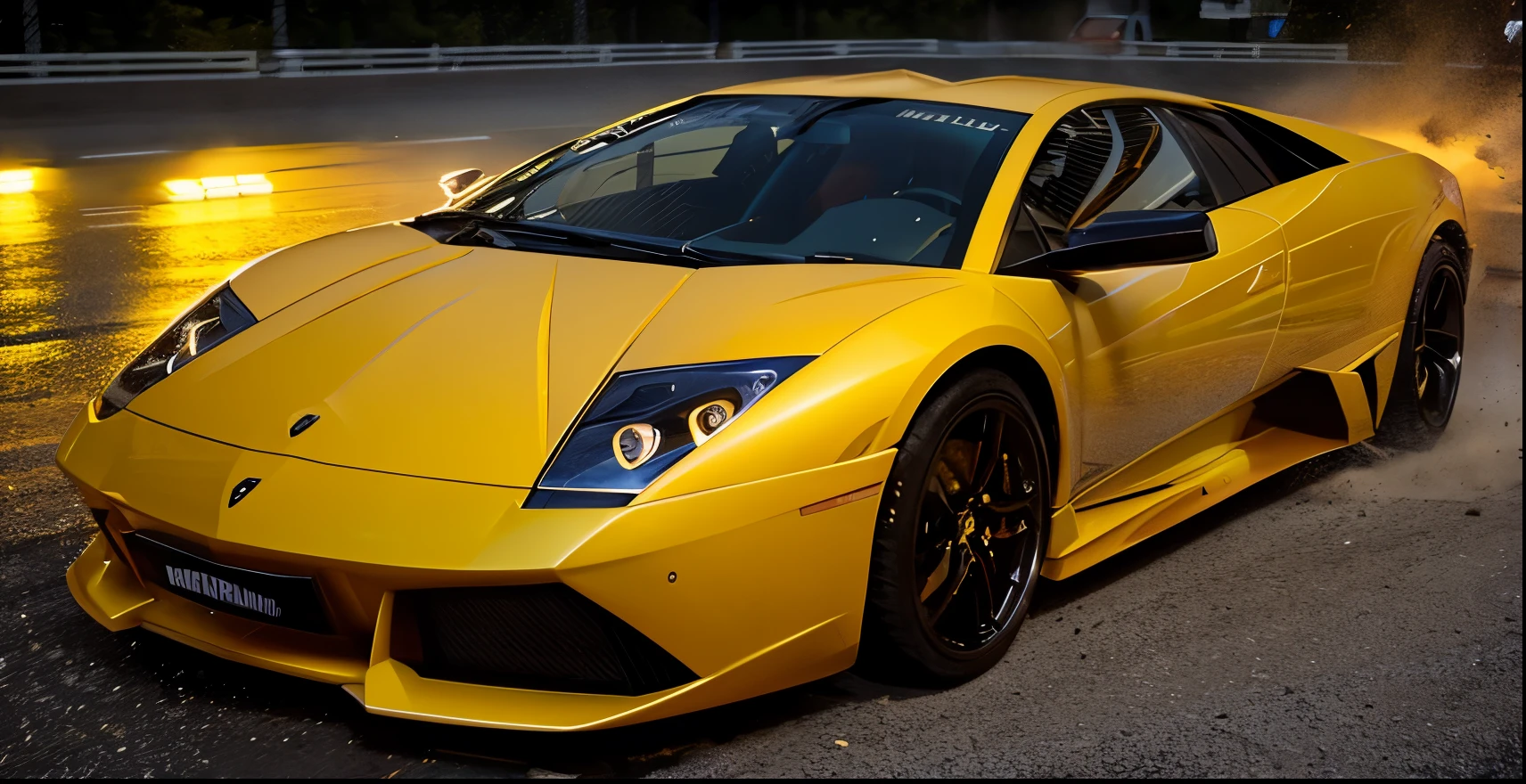A Lamborghini murcielago, color yellow, drifting chase, action shot, high speed, night life, heavy rain, lens flare, intricate, elegant, highly detailed, realistic, concept art, matte, sharp focus, hearthstone