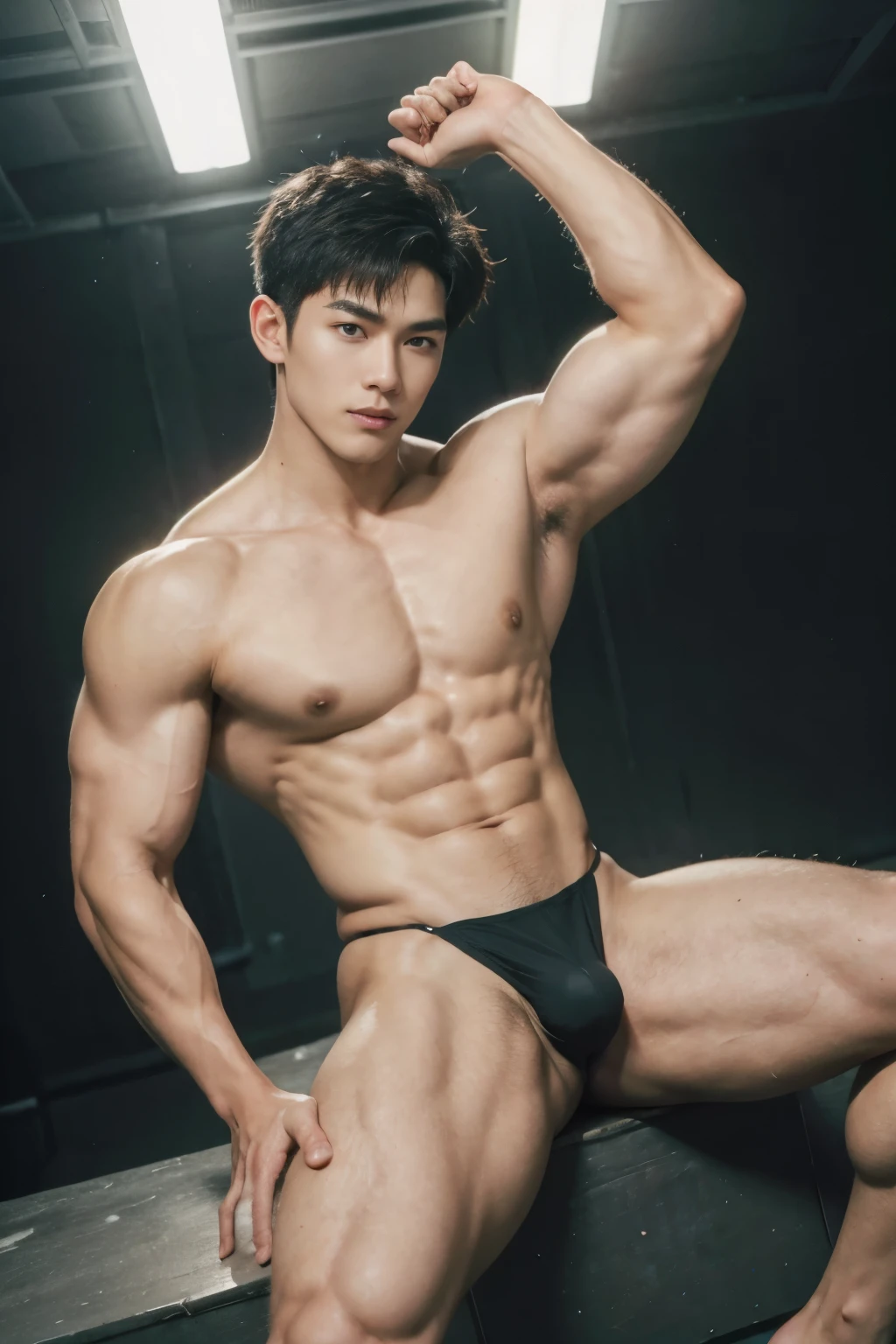 1boy, vietnamese male, a handsome muscular boy, very handsome, highschool student, male model, wearing sexy black micro thong, huge bulge, bulge, crotch line, posing and flexing, dynamic poses, very beautiful, wide shoulders, narrow waist, puffy chest, developed pectorals, dark nipples, sexy and cute, mesomorph body type, smooth hair, short hair, detailed face, detailed eyes, smirking, sly, mischievous, modeling, posing, perfect hands, pubic hair, sexy and cute, realistic skin, dark skin, aesthetics, perfect hands, ((photo by adonisjing), realistic, photorealistic, masterpiece, highest quality, perfect lightings), indoors, on stage, bodybuilding competition, full body shot