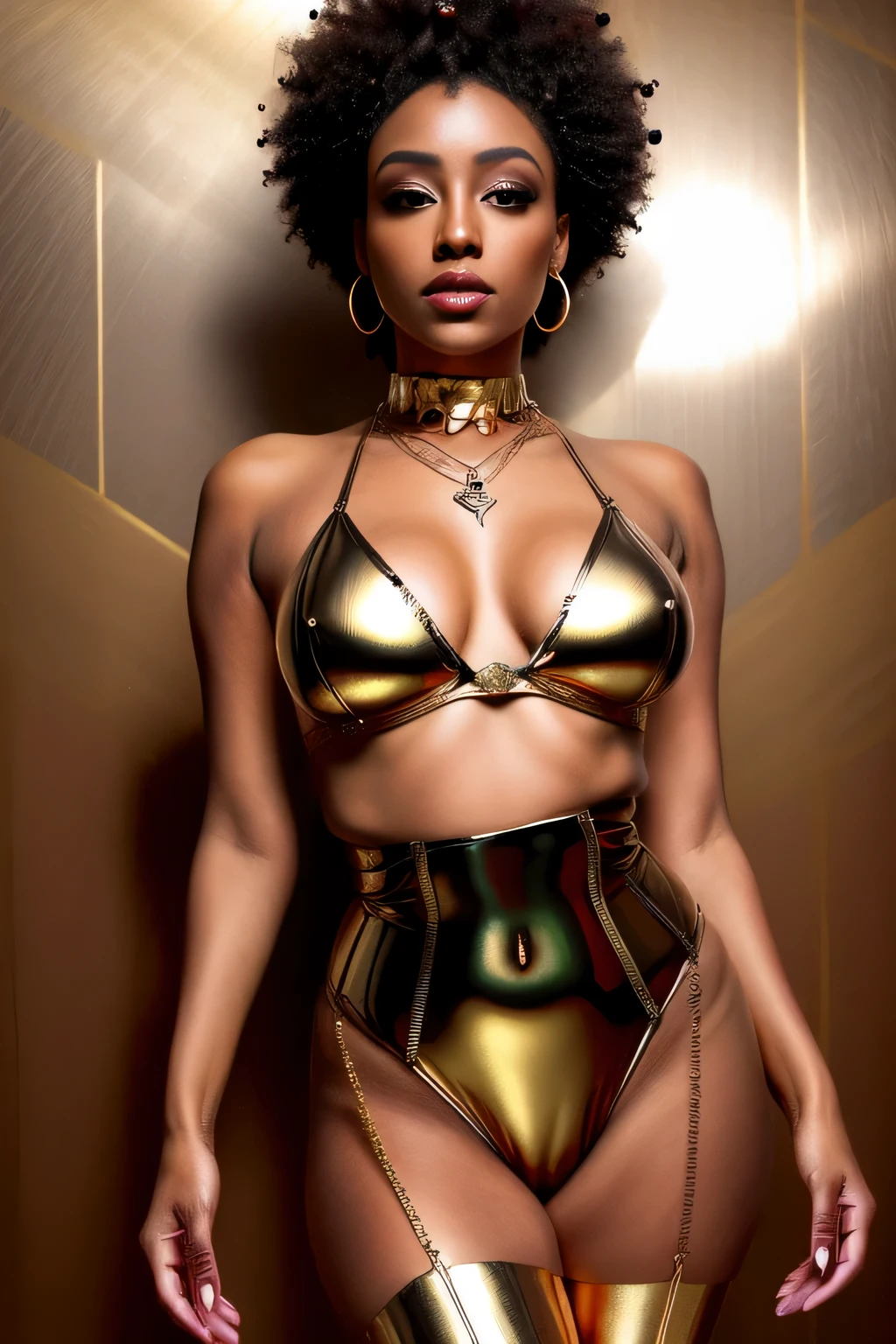Woman naked in gold body jewelry, Textura altamente detalhada do rosto e da pele, ((pele de caramelo)), grandes olhos castanhos, rosto magro, juicy lips, bimbo lips, peito grande e inchado, tiny pecs ((cabelo preto afro cacheado)), pele de caramelo, olhos detalhados, Palpebras duplas, joias de metal dourado cyberpunk BDSM, fitas cyberpunk de metal dourado no corpo, Metallic Necklace, calcinha futurista de metal dourado, metallic panties, metallic sticker, metal cupless bra, Metallic clothing, gold body jewelry, pele molhada, she is naked. pele perfeita, it is a wild and dark jungle with big trees. obra de arte