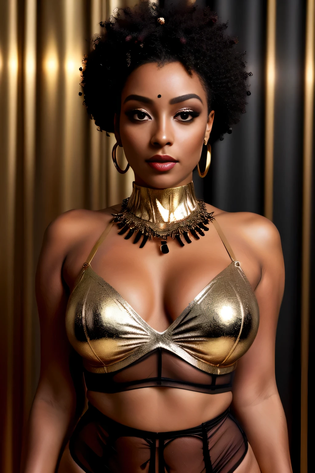 Woman naked in gold body jewelry, Textura altamente detalhada do rosto e da pele, ((pele de caramelo)), grandes olhos castanhos, rosto magro, juicy lips, bimbo lips, peito grande e inchado, tiny pecs ((cabelo preto afro cacheado)), pele de caramelo, olhos detalhados, Palpebras duplas, joias de metal dourado cyberpunk BDSM, fitas cyberpunk de metal dourado no corpo, Metallic Necklace, calcinha futurista de metal dourado, metallic panties, metallic sticker, metal cupless bra, Metallic clothing, gold body jewelry, pele molhada, she is naked. pele perfeita, it is a wild and dark jungle with big trees. obra de arte