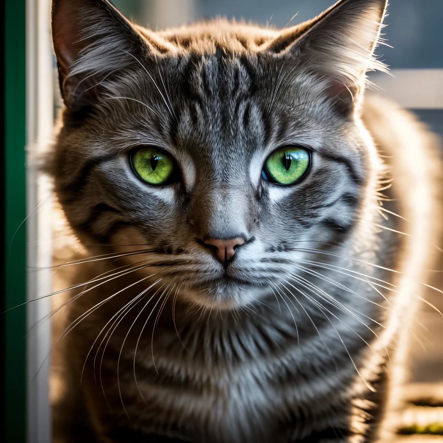 Capture the essence of the elegance and mystery of a green-eyed cat with every detail of the fur shining in the light and every graceful movement captured in an instant of majesty, every lag and shadow reflecting the beauty and intrigue of this feline in a work that tells here the limits of the imagination and elevates art to new heights the cat is a bright and intense gray color its fur is a homogeneous color its tender but intense and cold gaze extremely realistic and detailed photography