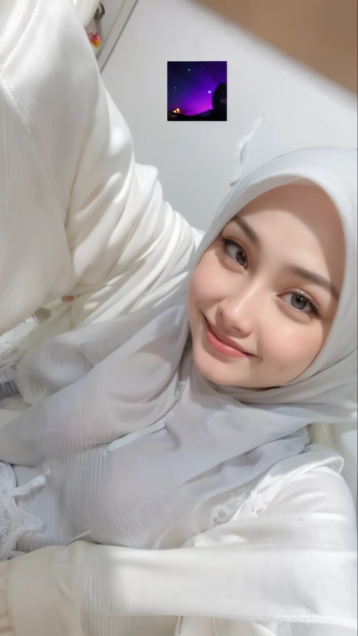 masterpiece, (ultra-high-definition portrait, vignet:1.4), Realistic, extremely detailed, CG unified, 8k, Clean lines, highly detailed, High-definition, raw color photos, she is smiling, Realistic portrait, Cinematic Light, Beautiful detailed, (1hijabgirl, indonesian:1.5), (165cm tall, big breasts with lips like she wants to kiss:1.5), Beautiful big breasts, breasts details, very tight, (Biggorgeous breast, Smiling:1.5), (Smiling, Big Breast:1.4), Close up of a girl in Beautiful clothes with errected nipple, biggorgeous breast, Soft smile, scarf, (Bombastic Side Eyes with curvaceous body:2), pose 4 of 1 6, Undress, No bra, (nipples that are clearly sticking out detail:1.2), Outdoors, high intricate detailed.