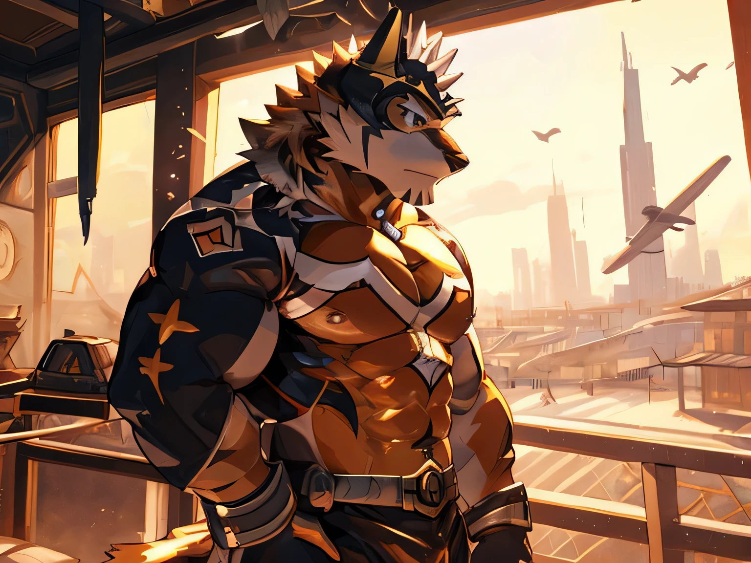 Anthropomorphic, (Solo), Ryekie, Single, Male, Muscle, Lonely, 45 years old, in Prince clothes, airplanes ship, Perfect scaling, Masterpiece, High Definition, Best Drawing, Illustration, By ZiXiong_, standing still, Powered up, Fighting an Villains, Never give up, Heroes of Justice