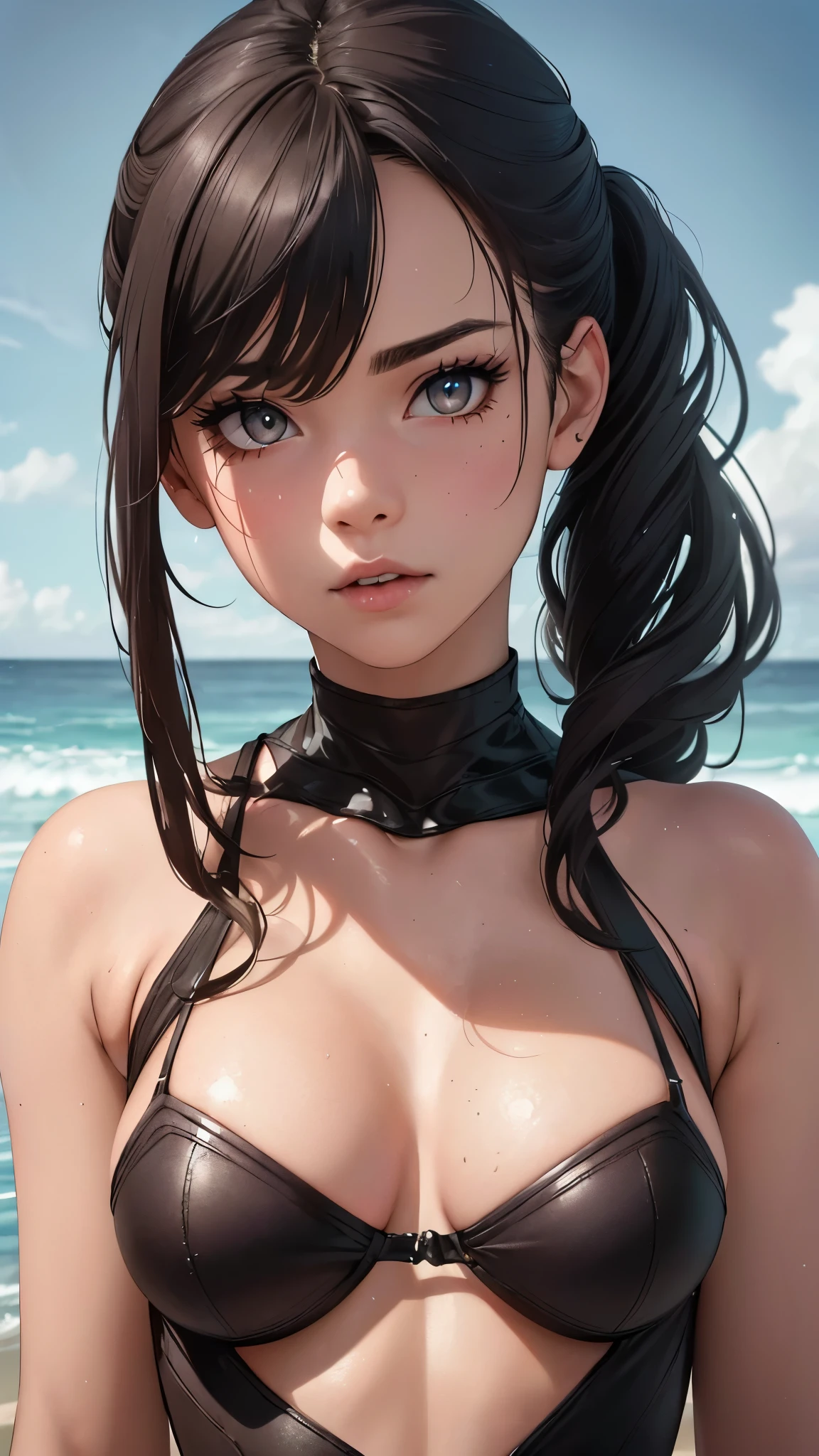 (best quality,4k,8k,highres,masterpiece:1.2),ultra-detailed,(realistic,photorealistic,photo-realistic:1.37),beautiful detailed eyes,beautiful detailed lips,extremely detailed eyes and face,longeyelashes,sexy pose,tall and slim figure with long legs,ash-colored ponytail hairstyle,beach background with stormy weather