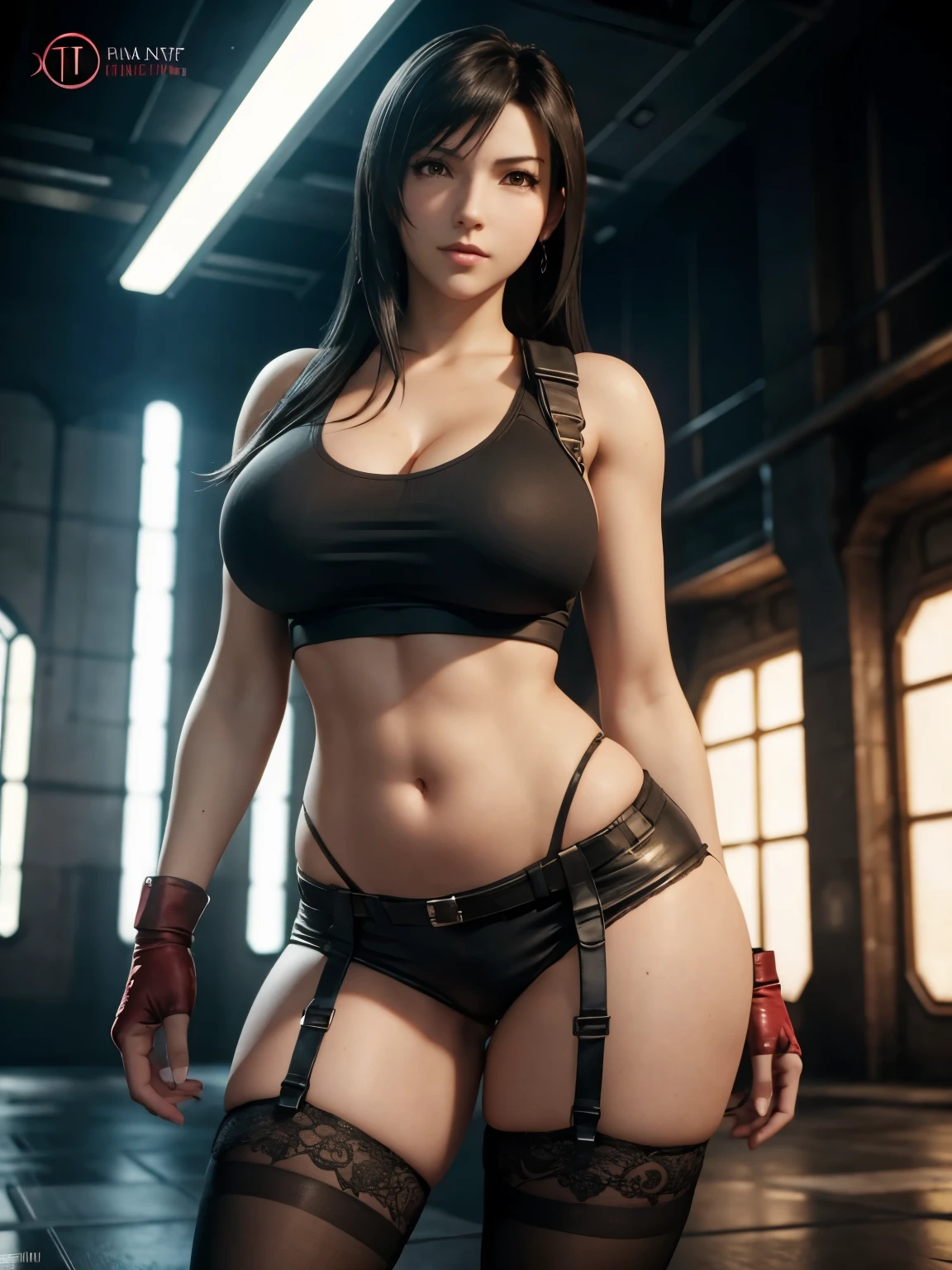 tifa lockhart,final fantasy vii,3d (artwork),pose,1female,1girls,big breasts,black hair,curves,curvy,curvy body,curvy female,curvy figure,depth of field,female,female only,fit,fit female,hips,huge breasts,lace,large breasts,light-skinned female,long hair,looking at viewer,posing,red eyes,smooth skin,stockings,stomach,thick thighs