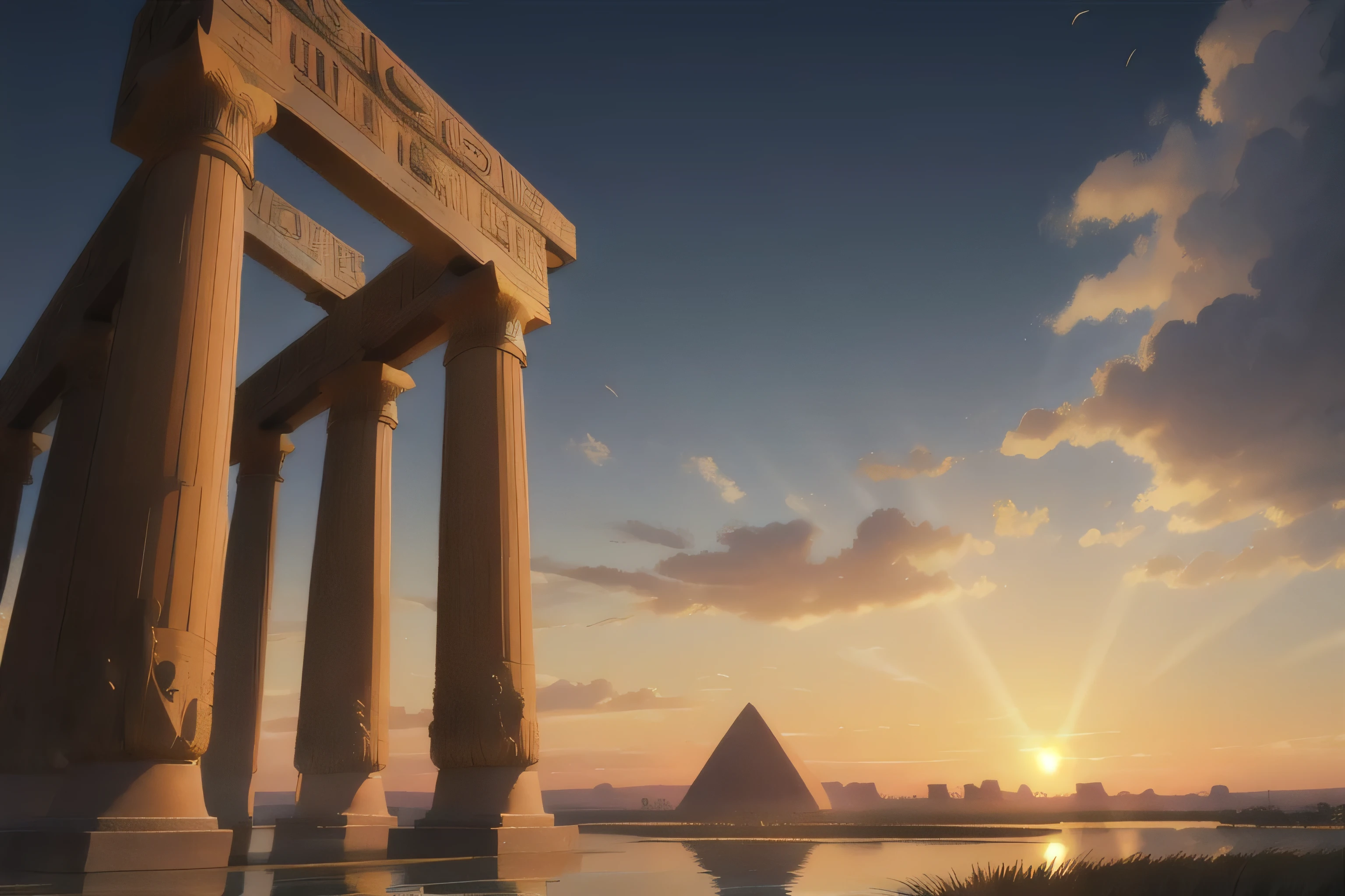 lifelike, (surreal:1.2), Fair, masterpiece, best quality,movie lighting,Extremely detailed CG unified 8K wallpaper, landscape, extremely detailed landscape, a golden reed,reeds at dusk,plain of reeds,There is an Egyptian temple in the distance,style,egyptian architecture,Reed fields in the Egyptian underworld