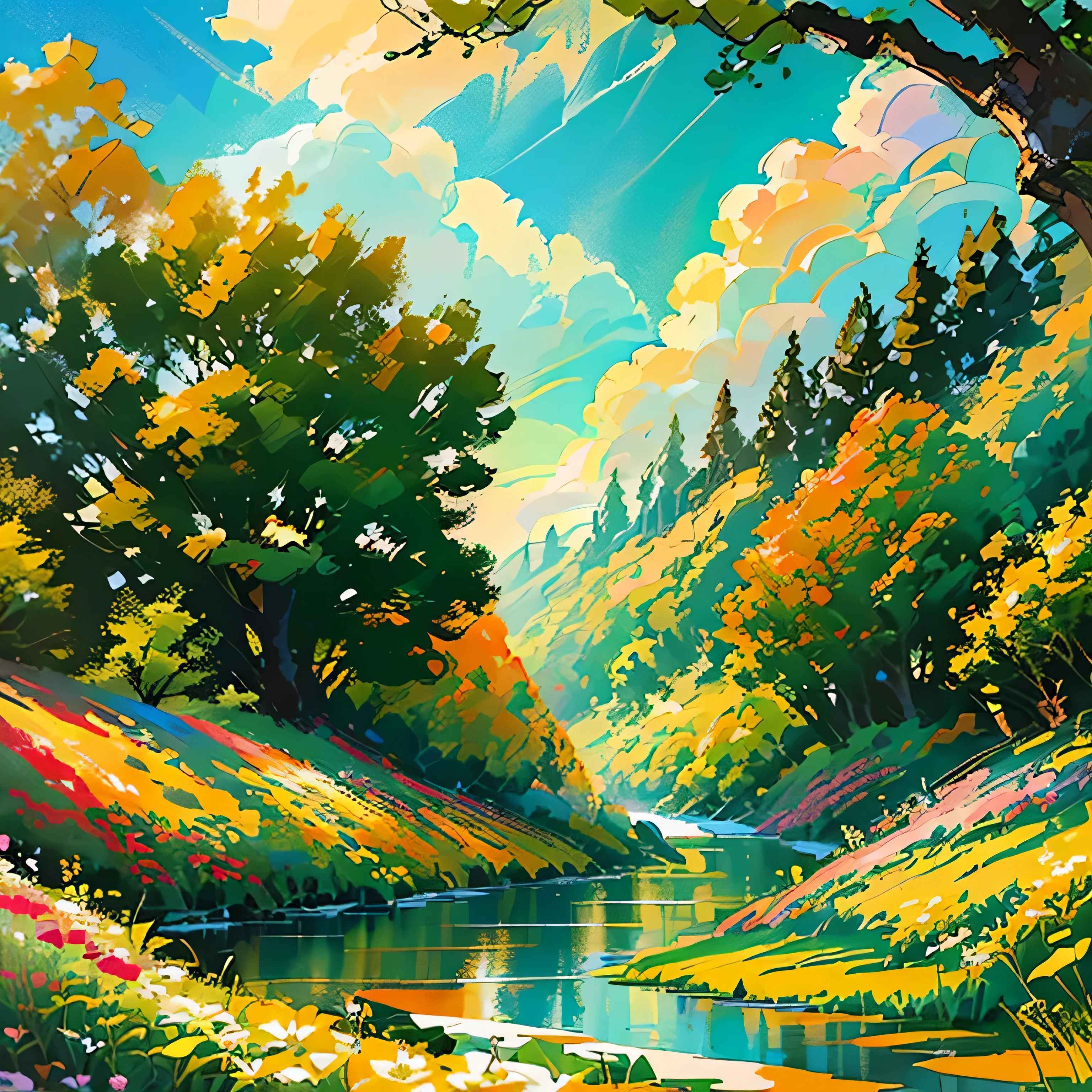 painting of a beautiful landscape with a stream and colorful flowers, vibrant gouache painting scenery, blossoming path to heaven, colorful landscape painting, digital painting highly detailed, painted landscape, scenery art detailed, rich picturesque colors, highly detailed digital painting, beautiful art uhd 4 k, lush scenic landscape, detailed painting 4 k, bright landscape, mythical floral hills, beautiful digital painting