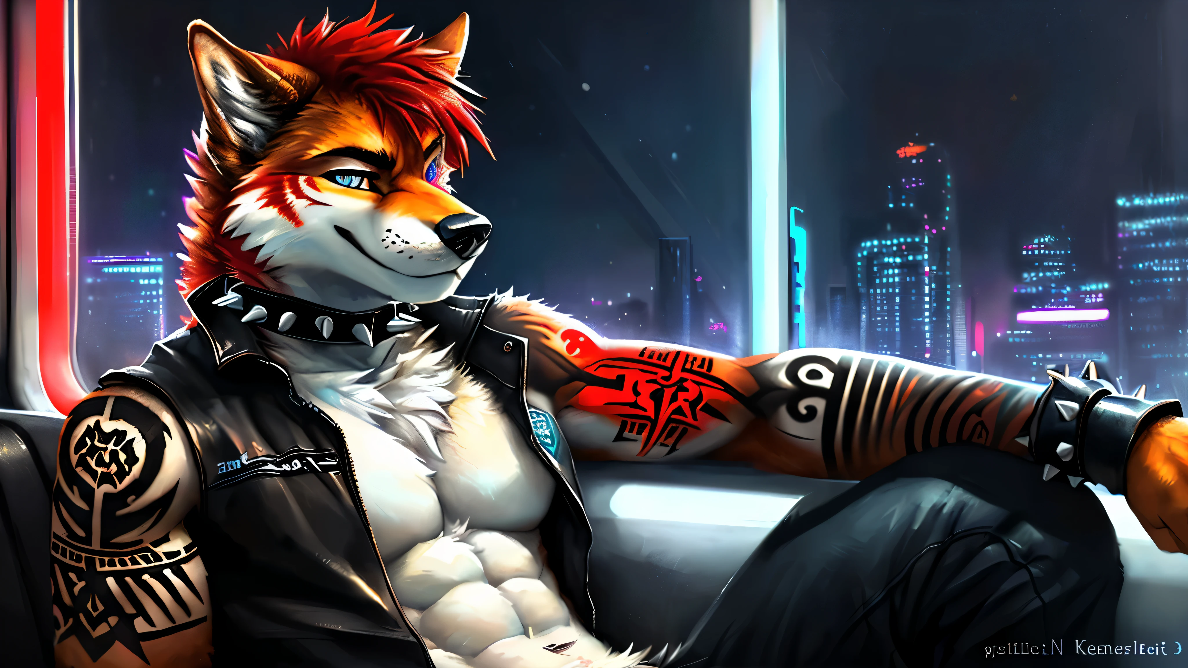 ((solo)), male, anthro wolf, (mulitcolored fur, vivid colors, faded red:1.3, red, white torso), main fur color red, secondary color white, white stomach and crotch, ((canine face, with red hair, icy blue pupils, muscular:1.2) (tough, smug expression:1.2)), blushing, ((athletic:1.1)), buff, abs, wide shouldered)), (correct anatomy),(realistic fur, detailed fur texture, tattoo markings:1.3)), wearing red leather jacket, wearing black pants, wearing spiked collar, wearing spiked fist cuffs, sitting in train staring out window, futuristic city, neon lights, photorealistic, hyperrealistic, ultradetailed, by kenket