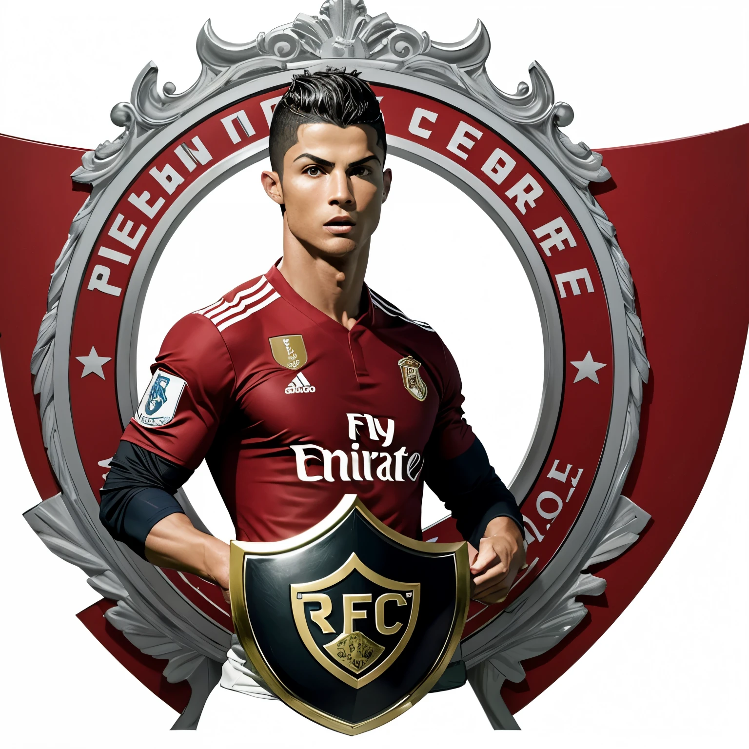 A captivating rendition of Cristiano Ronaldo's Football Shield, with a bold red logo that reads "CR7 FC" against a pristine white background, perfect for converting it into a PNG image.