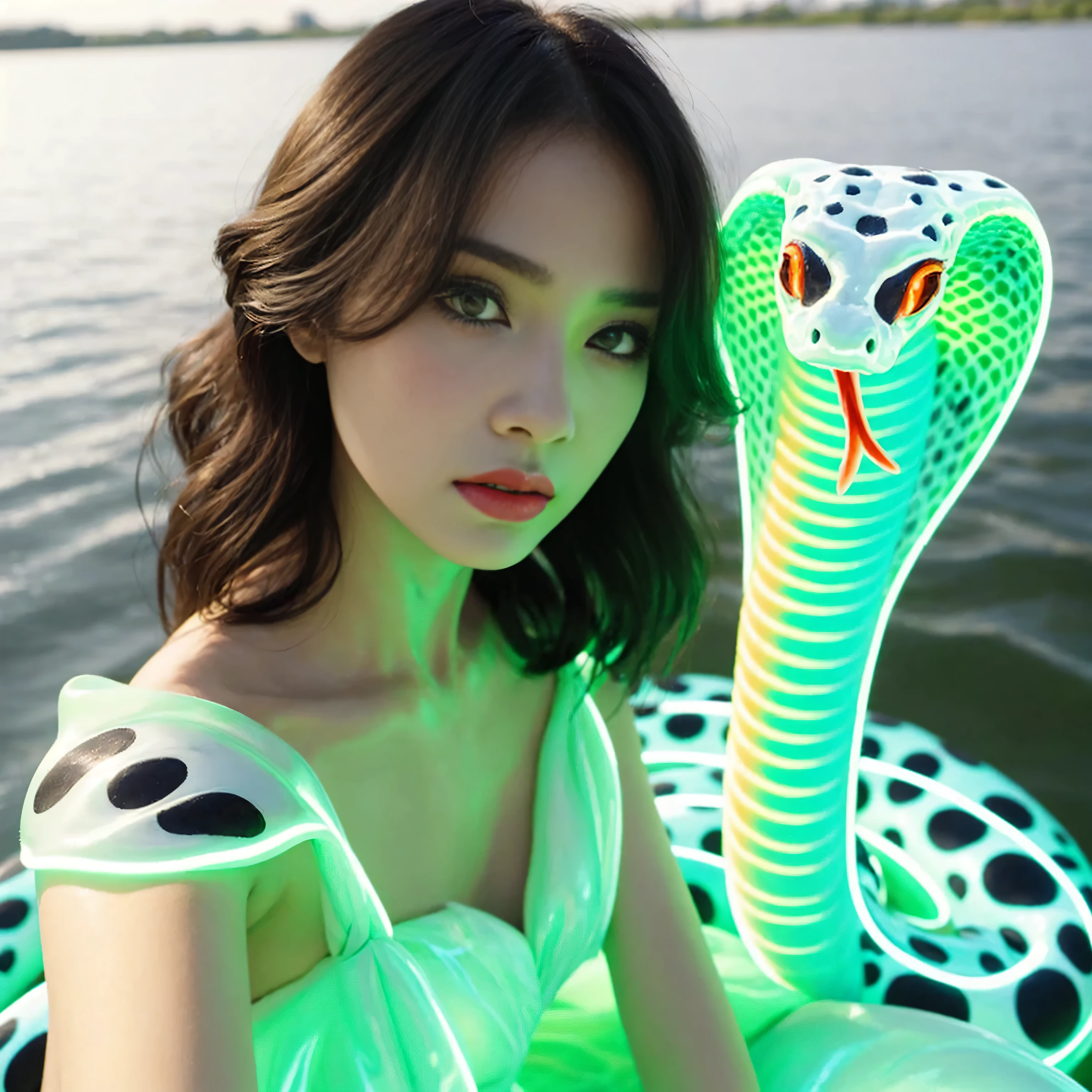 there is a woman in a green dress holding a snake in a boat, inspired by Yanjun Cheng, yanjun chengt, album art, by Russell Dongjun Lu, snake-face lady, snake woman hybrid, beautiful digital artwork, loish and wlop, snake woman, by Yanjun Cheng, fluorescent skin, glowwave girl portrait, sha xi