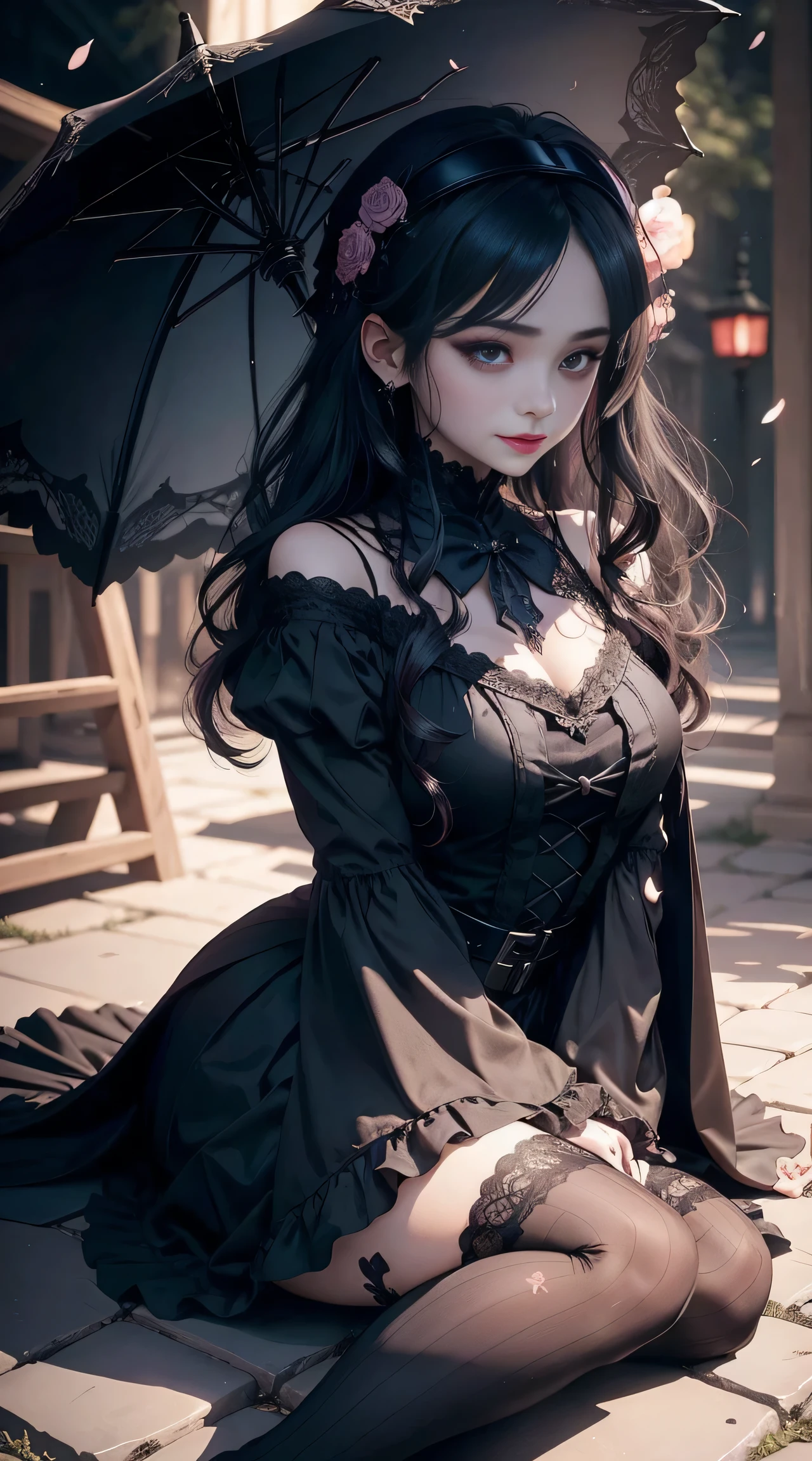 Gothic lolita、gotik、18year old、boredom、garterbelts、knee high socks、A slight smil、A sexy、Glamour、shadings、wretched、Beautie、Glamorous、Dark smile、Dark ambient space、bell sleeves、Wizard Sleeve、Deep、gasp、doress、Cheek dyeing、Beautiful world、Goth Lorica Headband、Dark Gothic Makeup、Mysterious、Japanese umbrella、Night cherry blossom background、、Black long straight hair、One Piece Lace Blue、the witch、gasp、doress、