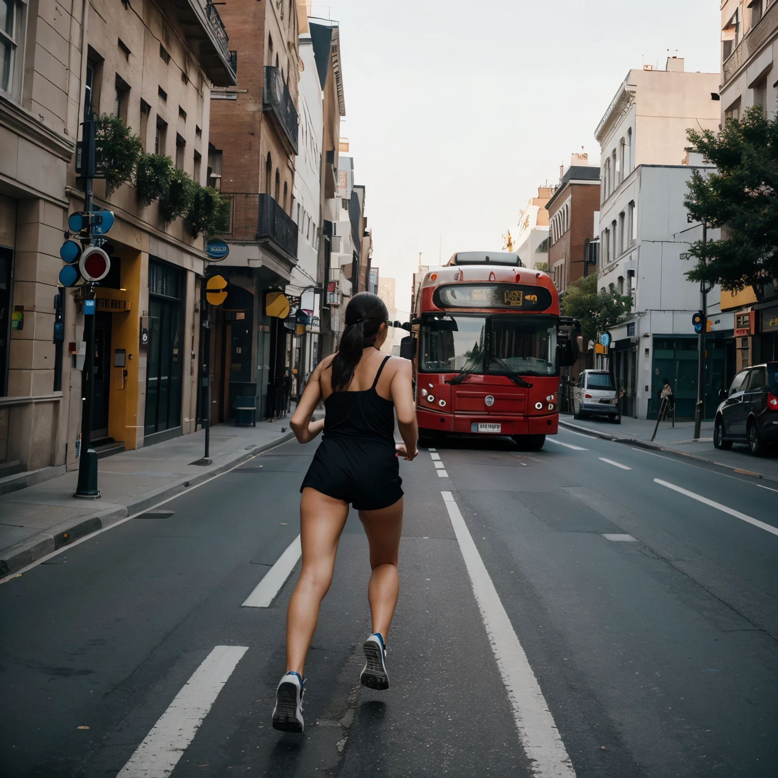 Person running behind a bus 