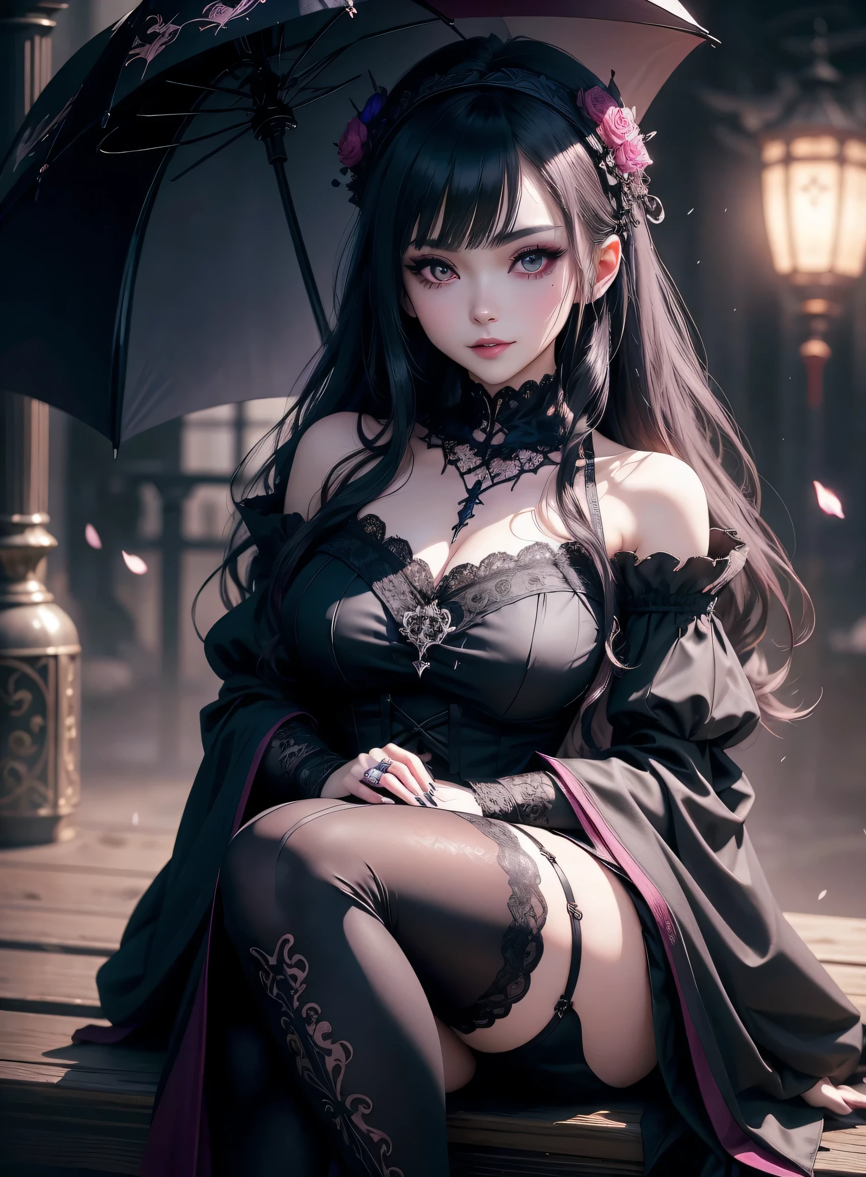 Gothic ta、gotik、18year old、boredom、garterbelts、knee high socks、A slight smil、A sexy、Glamour、shadings、wretched、Beautie、Glamorous、Dark smile、Dark ambient space、bell sleeves、Wizard Sleeve、Deep、gasp、doress、Cheek dyeing、Beautiful world、Goth Lorica Headband、Dark Gothic Makeup、Mysterious、Japanese umbrella、Night cherry blossom background、、Black long straight hair、One Piece Lace Blue、the witch、gasp、doress、