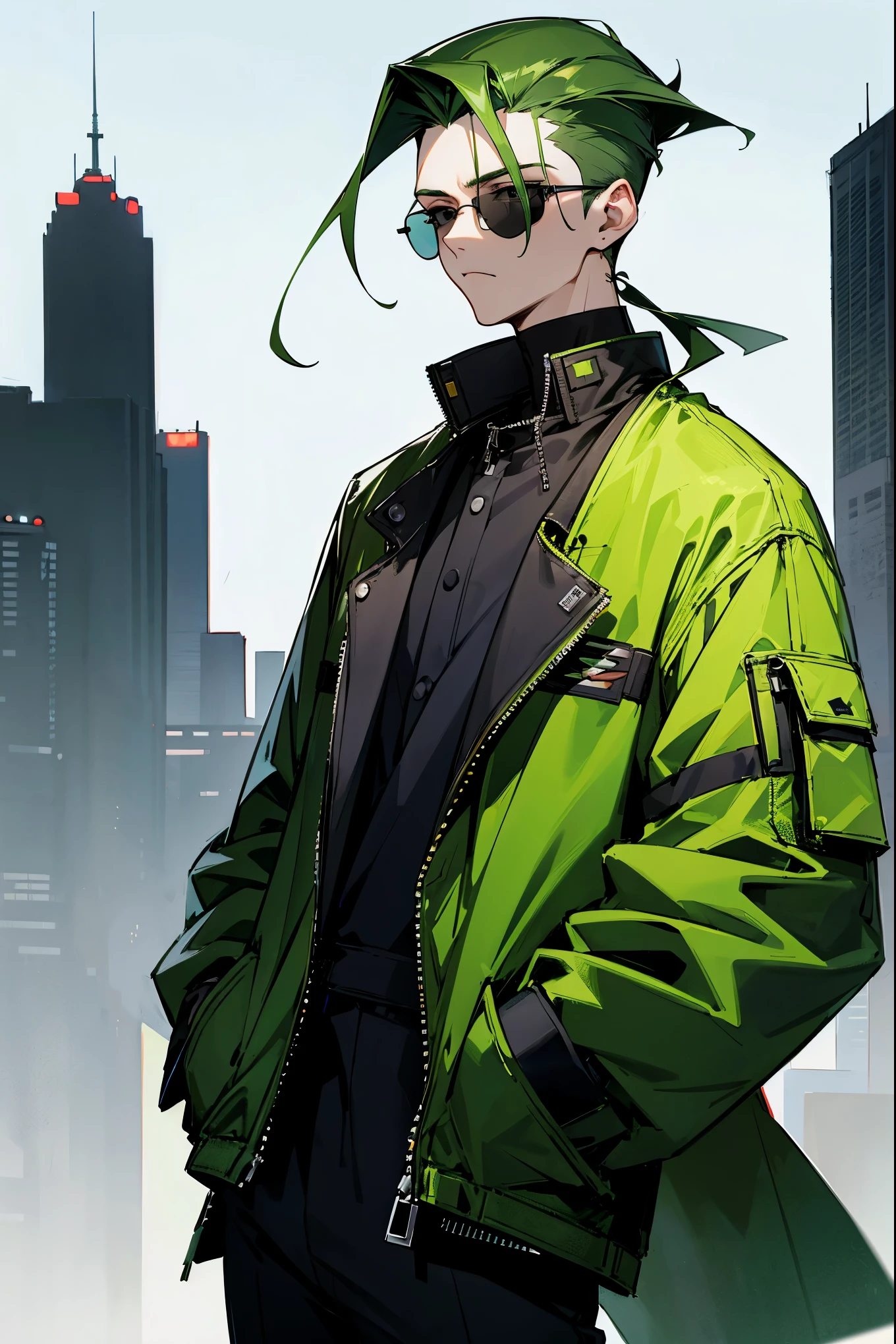 1male, ager, green hair, slick back hair, black eyes, black aviators, modern clothing, graphic clothing, city background, detailed background, hands in pockets, expressionless