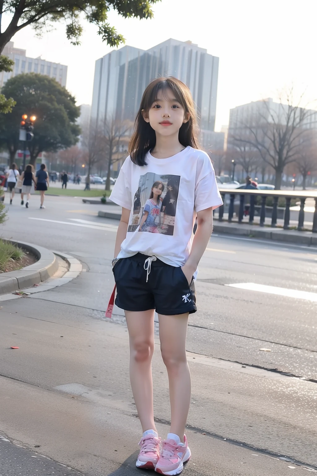 There is an 18-month-old Hispanic girl. She has pigtails and curly black hair, transparent double eyelids, big eyes, shiny black eyes, sharp facial contour, and very pretty. She is wearing a short-sleeved blouse and a pleated skirt. She is holding a teddy bear and her shoes are wearing Nike sneakers. Please draw a girl like this.