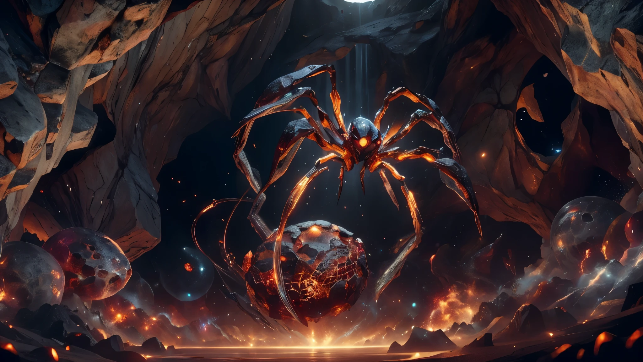 (masterpiece), 8k, best quality, magic spider, cave.