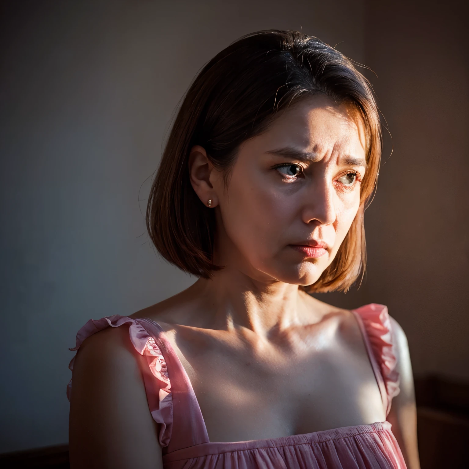 RAW photo, face portrait photo of beautiful 56 y.o woman, cute face, wearing pink dress, sad face, hard shadows, cinematic shot, dramatic lighting