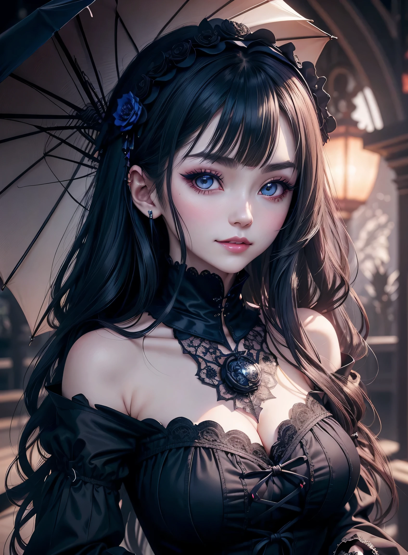 Gothic lolita、gotik、18year old、boredom、garterbelts、knee high socks、A slight smil、A sexy、Glamour、shadings、wretched、Beautie、Glamorous、Dark smile、Dark ambient space、bell sleeves、Wizard Sleeve、Deep、gasp、doress、Cheek dyeing、Beautiful world、Goth Lorica Headband、Dark Gothic Makeup、Mysterious、Japanese umbrella、Night cherry blossom background、、Black long straight hair、One Piece Lace Blue、the witch、gasp、doress、