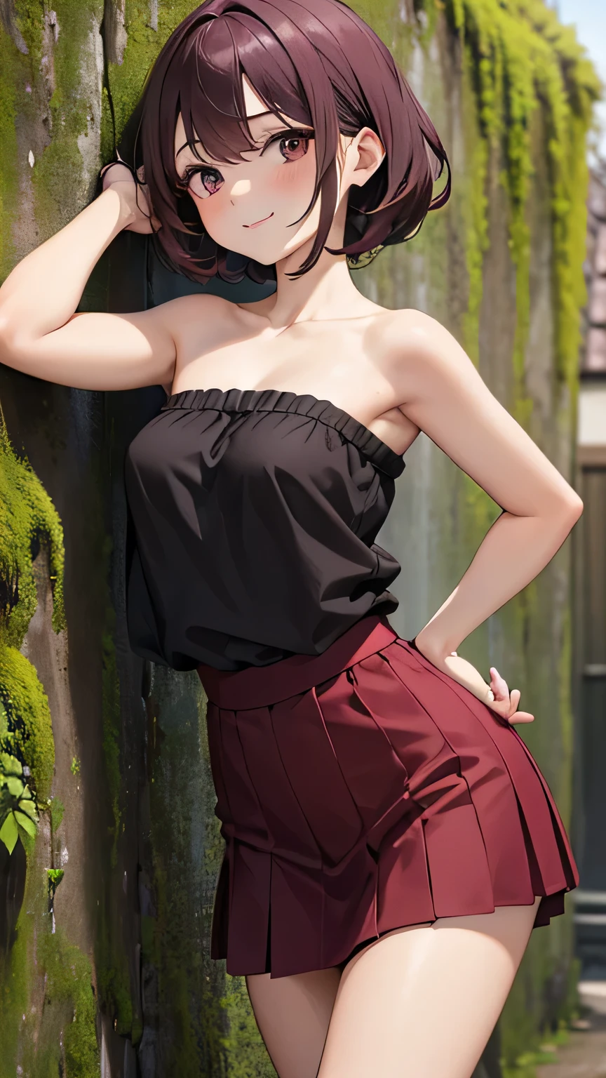 Mulher de 24 anos, top de malha 10 cm, burgundy sleeveless blouse, strapless and braless, peito pequeno. mini saia justa 10 cm preta, the image of the woman goes from head to thigh, levantando-se e voltando para o visualizador, encostado no musgo verde da parede, corpo ligeiramente ereto, hands in hair, pequeno sorriso