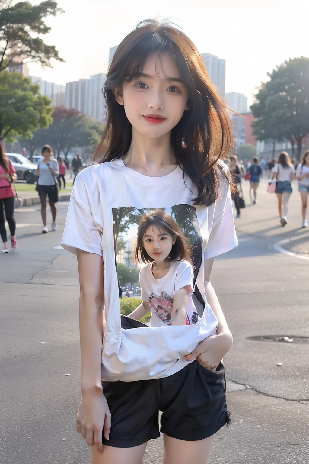 Highest quality, 8K, 11 years old、Fluffy long hair、T-Shirts、mini skirt、smile、sea,