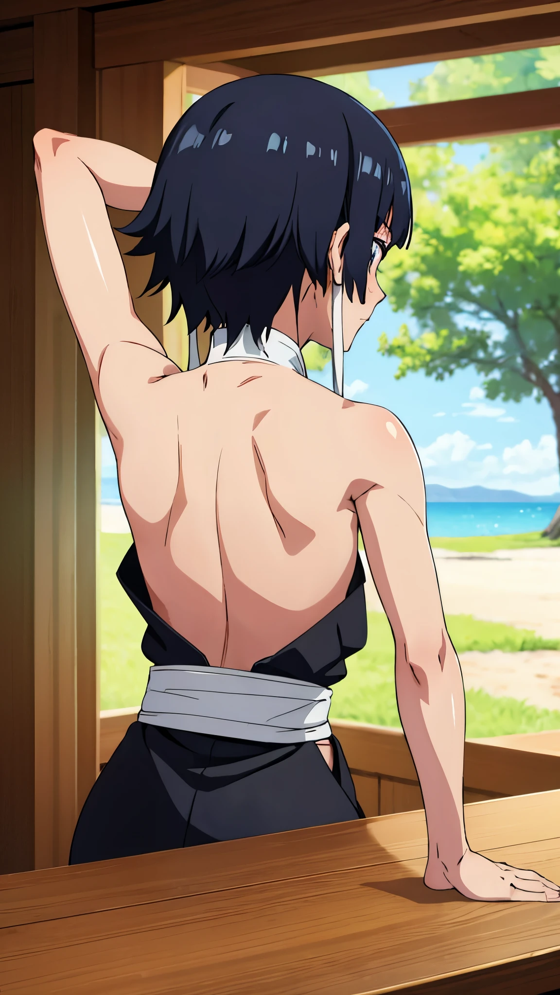 look from behind, masterpiece, anime artstyle, highres, solo, 8k, detailed, perfect face, (ultra high quality), (looking at viewers), armpit, small breast, sideboobs, cleavage, black hair, short hair, slim body, emotionless, flat face, blush, at river, back view, pov from behind, backless robe, black hakama, back muscle, (perfect hand, perfect anatomy) 