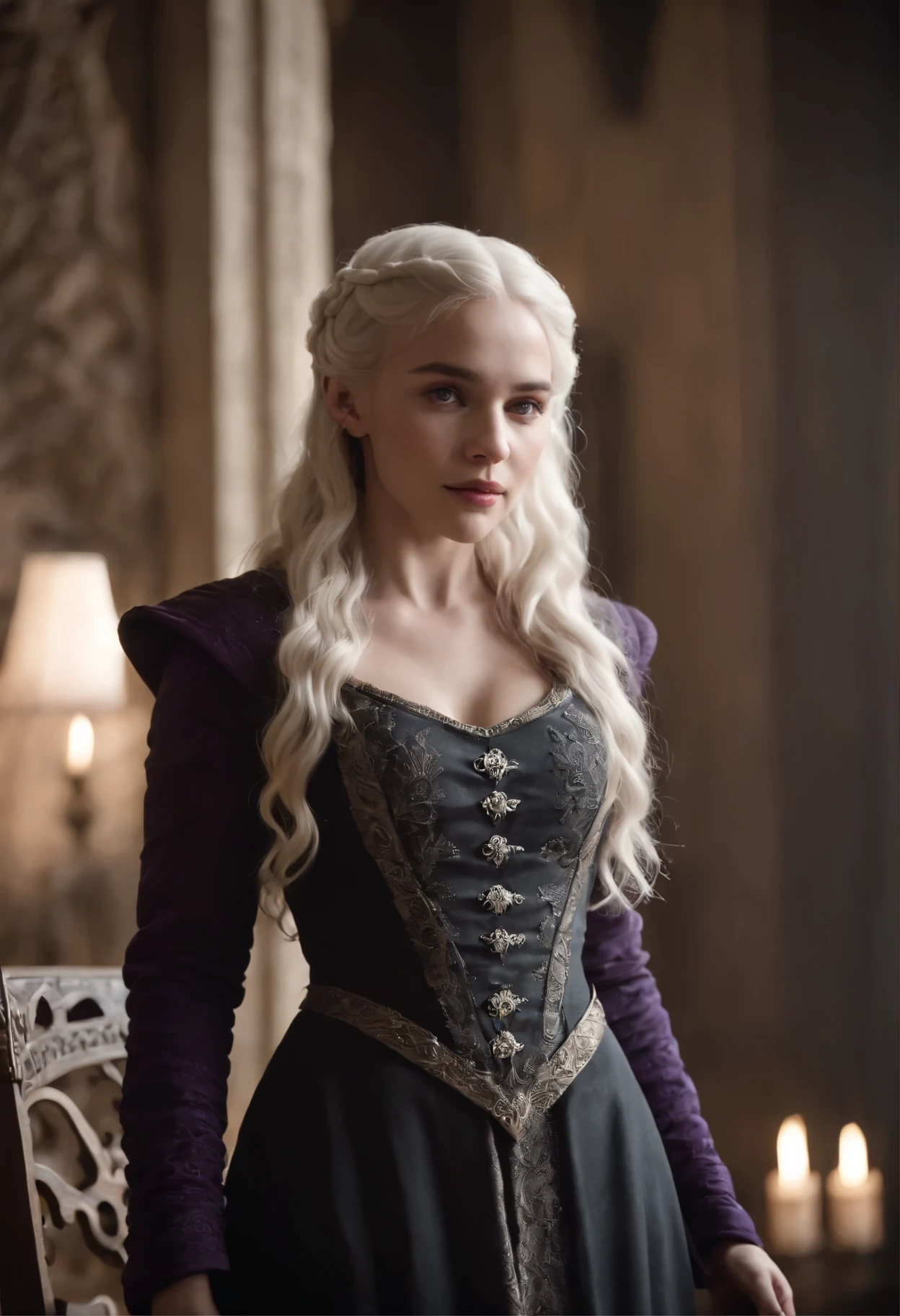 Targaryen, girl, white long wavy hair, purple eyes, sweet face, in a black dress with the Targaryen coat of arms on the chest of the 15th century, in the throne room, the iron throne on the background, hd