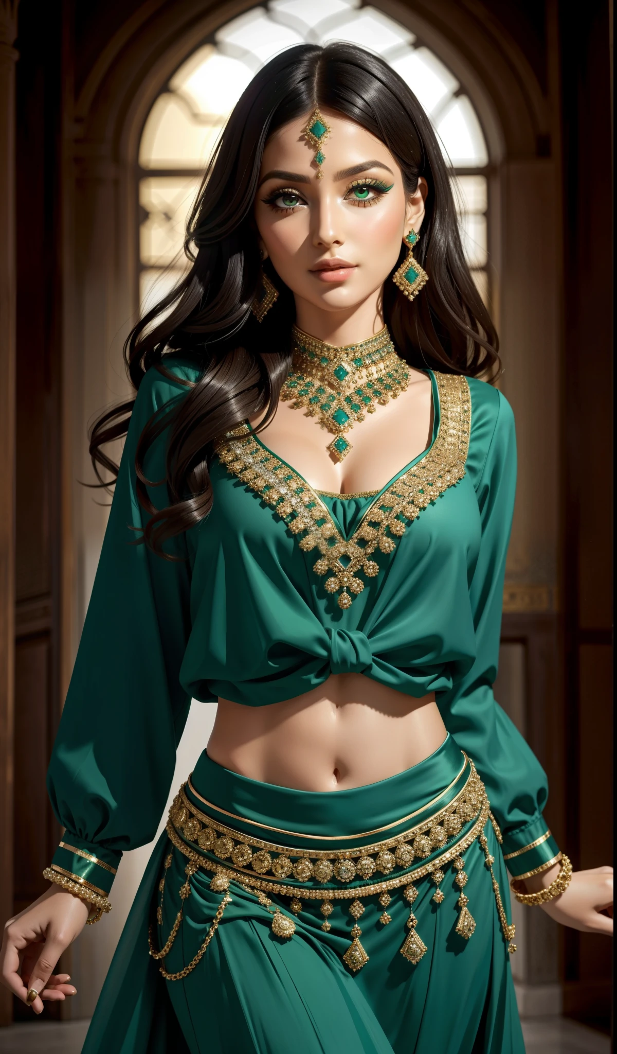 Sexy middle eastern woman, lots of jewellery, green blouse and skirt, amazing makeup, beautiful face, kind eyes, intricate dance, traditional look and dance