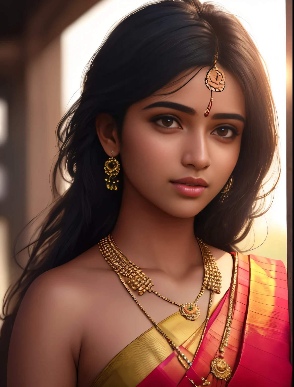 young Tamil nadu hindu girl, 18-year-old, traditional dress, gentle sun lighting on face , intricate facial details, flawless complexion, top-notch 3D rendering, hyper-realistic, shot on Indian road. photorealistic digital art trending on Artstation 8k HD high definition detailed realistic, detailed, skin texture, hyper detailed, realistic skin texture, armature, best quality, ultra high res, (photorealistic:1.4),, high resolution, detailed, raw photo, 400 camera f1.6 lens rich colors hyper realistic lifelike texture dramatic lighting unrealengine trending on artstation cinestill 800