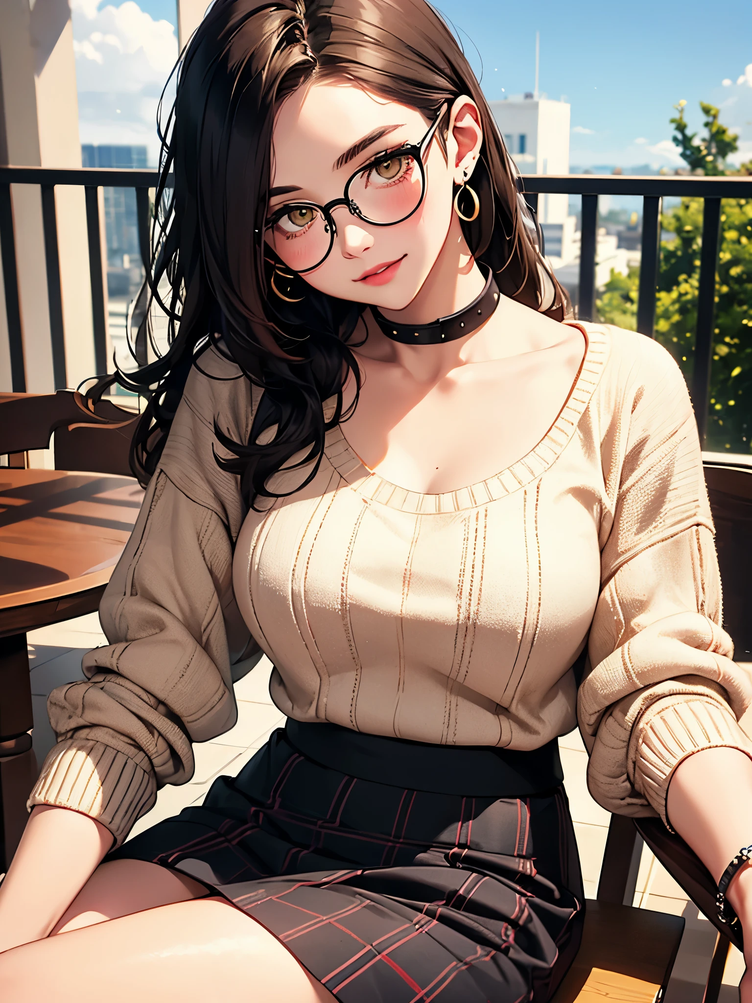 (masterpiece, best quality, Ridiculous), 1 girl, adult, brown hair, Long curly hair, yellow eyes, parted bangs, side lock, Plump and saggy breasts, sexy, long eyelashes, (Black-framed round glasses), Dining room, balcony, outdoor, sky, cosmetic, Eyeliner, lipstick, jewelry, earrings, period, bracelet, (Beige sweater,) v collar, clavicle, (beige plaid skirt), White, smooth and slender legs, sitting, on the chair, Elbow rest, looking at the audience, head tilt, blush, open lips, Smile