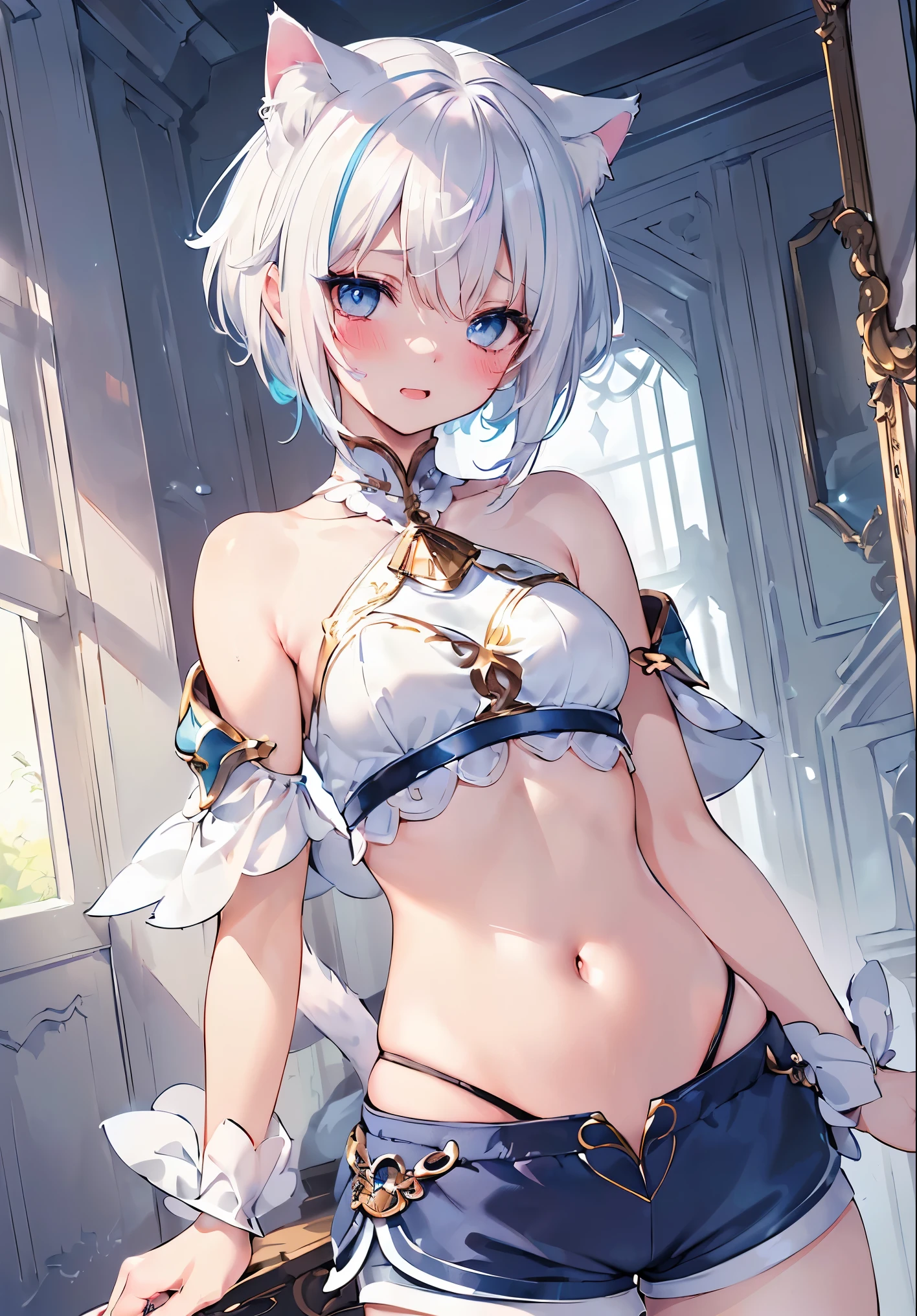 (Masterpiece, Slim Body, Delicate Fingers: 1.2), Best Quality, (Illustration: 1.2), (Hyper Detail), Eye Focus, Ultra Detail, (Fine Detail), (Intricate Detail), HDR, (Ultra Detail: 1.15), (Soft Light: 1.2), 1girl, (bikini armor:1.5), (pelvic curtain:1.5), (White hair and blue highlights),cyan eyes, medium, short hair, solo, (medium breasts:1.2), masterpiece, (blushing:1.3),  best quality, highly detailed, (li:1.5), fullbody image, kwaii, (table humping:1.5), (crotch rub:1.5),(panting:1.2), (blushing:1.3), (moaning:1.5), (pussy juice:1.5), (suggestive fluid:1.5), table, lifting,