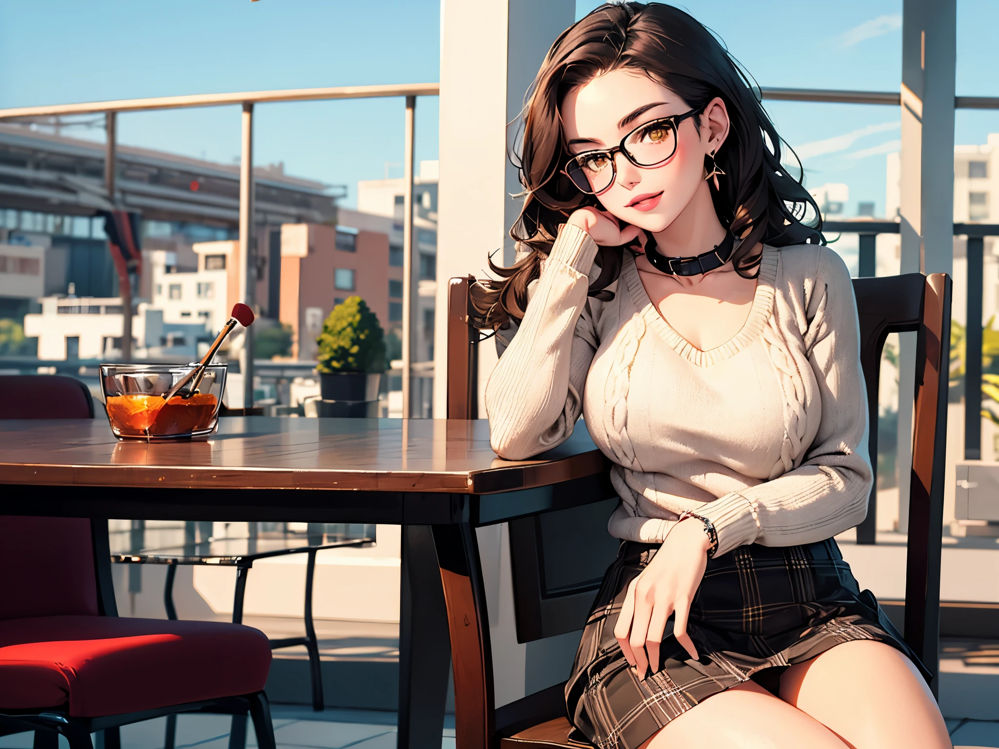 (masterpiece, best quality, Ridiculous), 1 girl, adult, brown hair, Long curly hair, yellow eyes, parted bangs, side lock, Plump and saggy breasts, sexy, long eyelashes, (Black-framed round glasses), Dining room, balcony, outdoor, sky, cosmetic, Eyeliner, lipstick, jewelry, earrings, period, bracelet, (Beige sweater,) v collar, clavicle, (beige plaid skirt), White, smooth and slender legs, sitting, on the chair, Elbow rest, looking at the audience, head tilt, blush, open lips, Smile